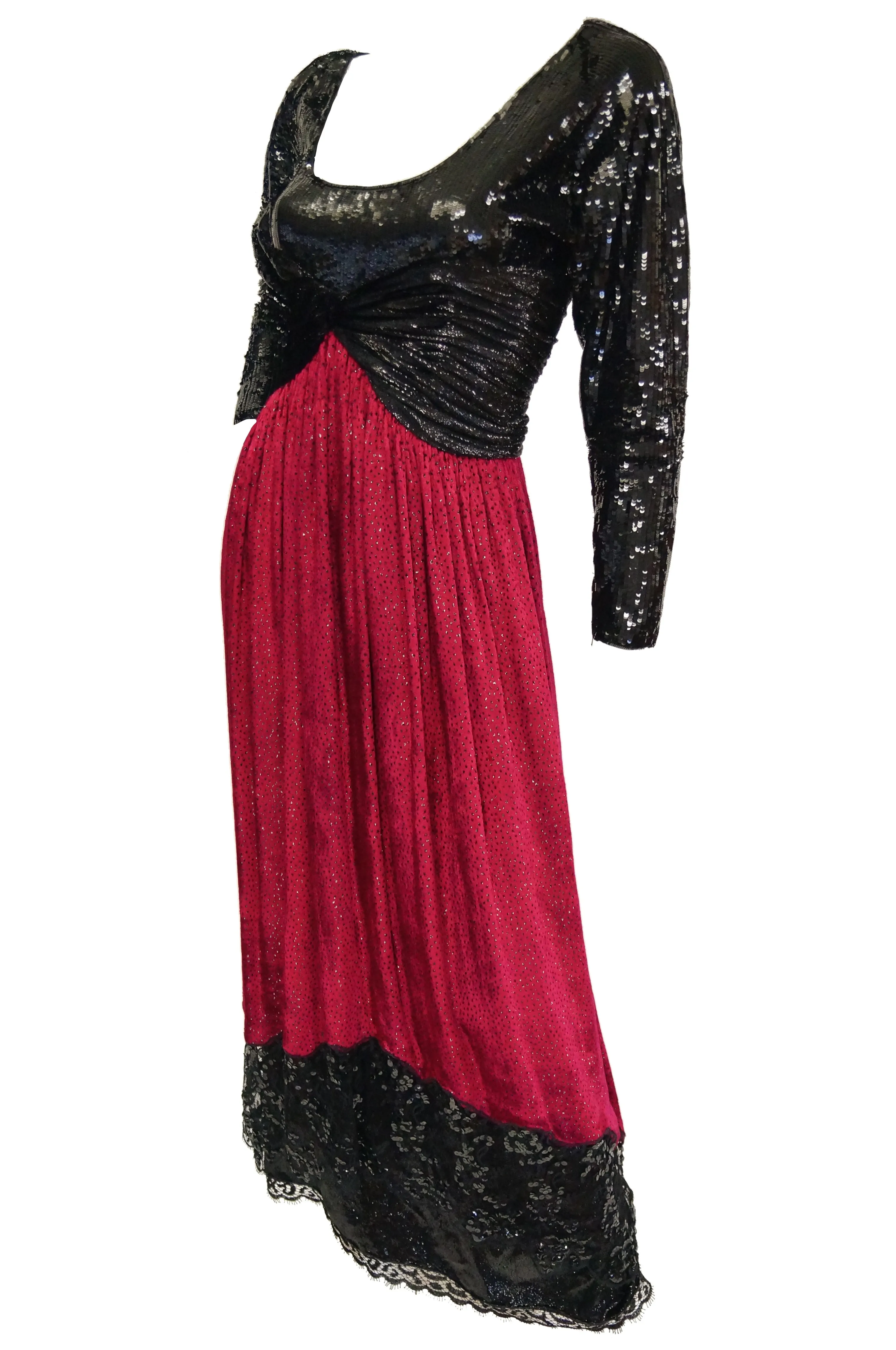 1980s Geoffrey Beene Black and Red Sequin, Lace, and Velvet Evening Dress