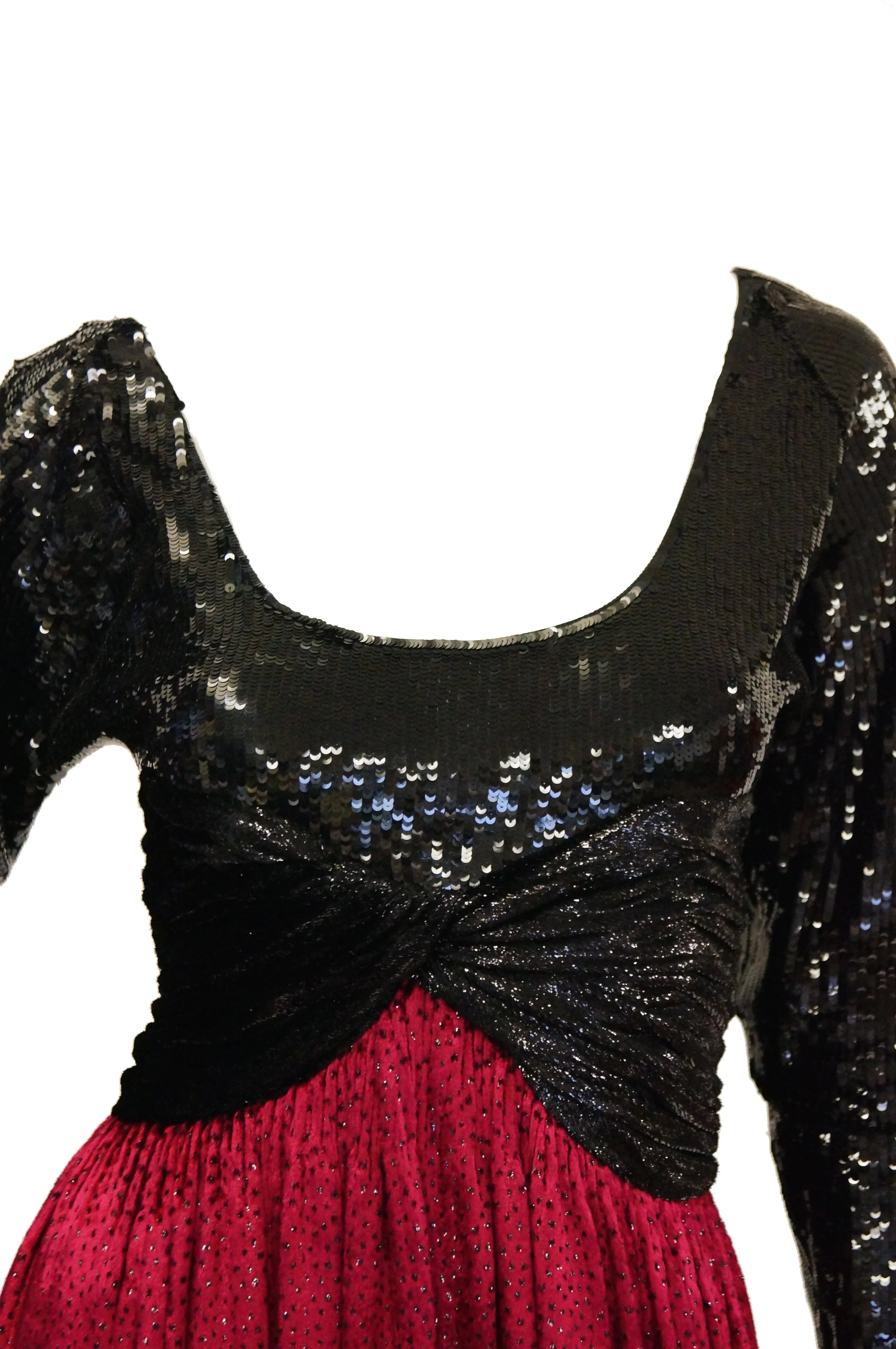 1980s Geoffrey Beene Black and Red Sequin, Lace, and Velvet Evening Dress