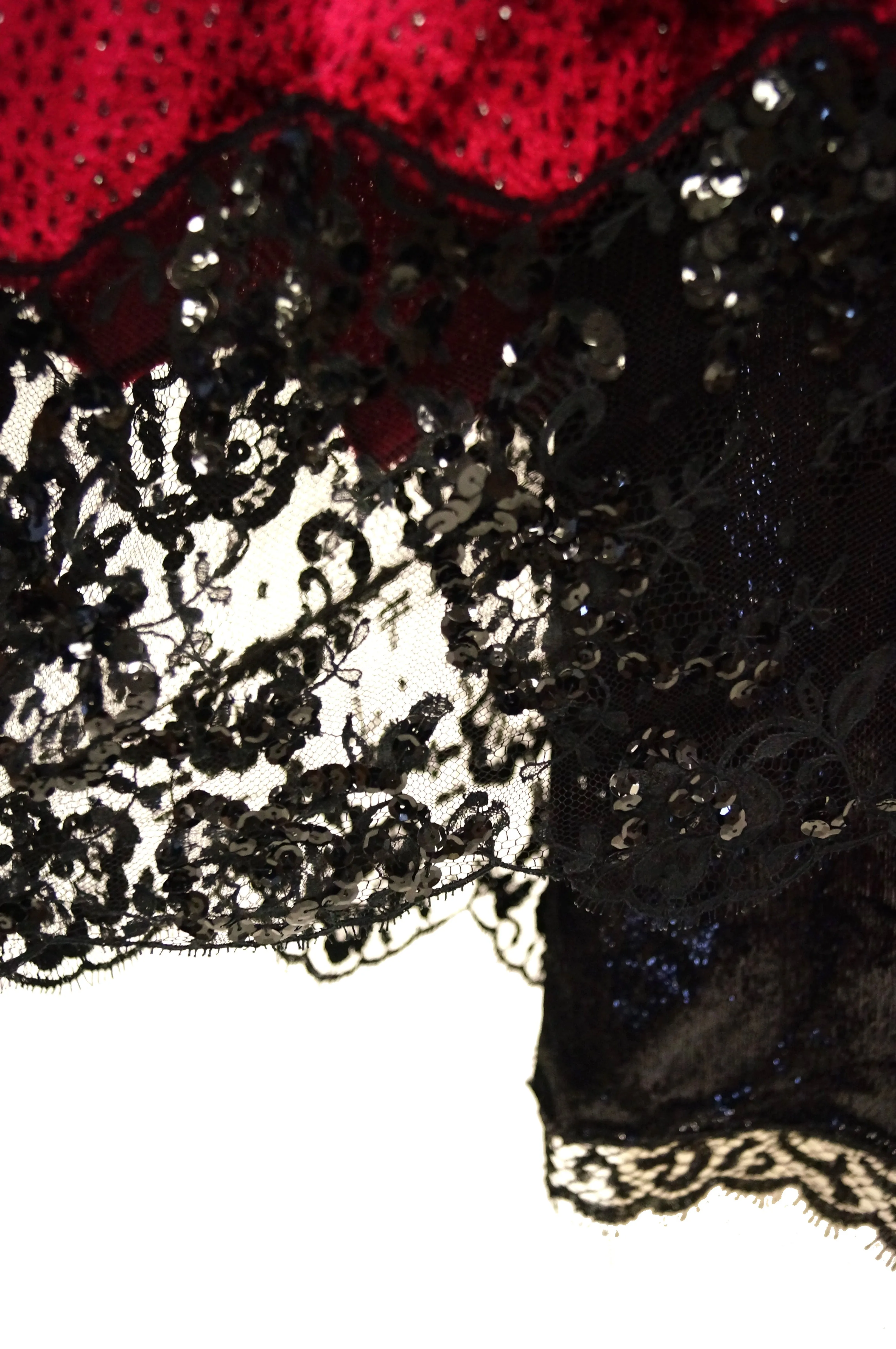 1980s Geoffrey Beene Black and Red Sequin, Lace, and Velvet Evening Dress