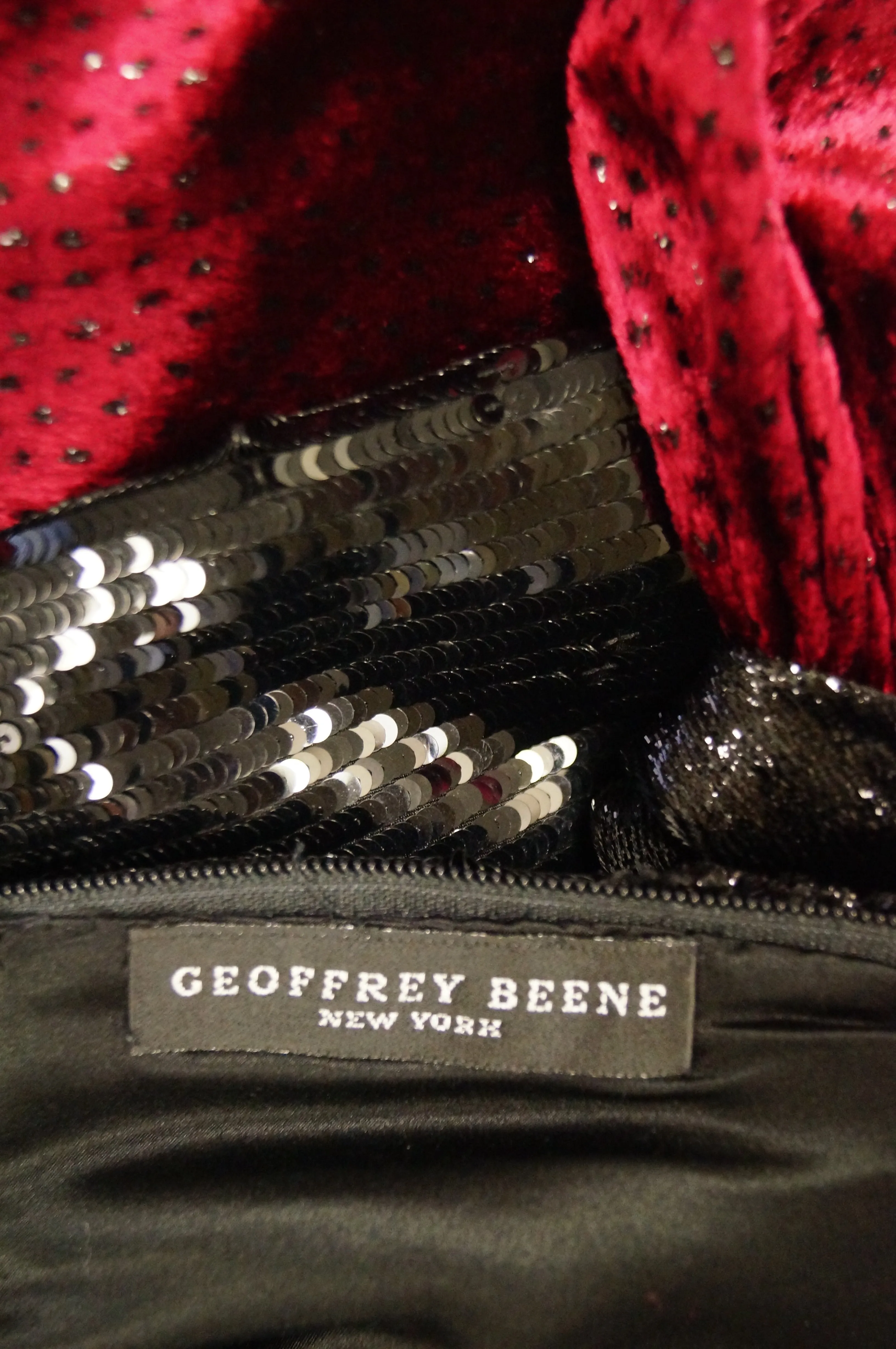 1980s Geoffrey Beene Black and Red Sequin, Lace, and Velvet Evening Dress