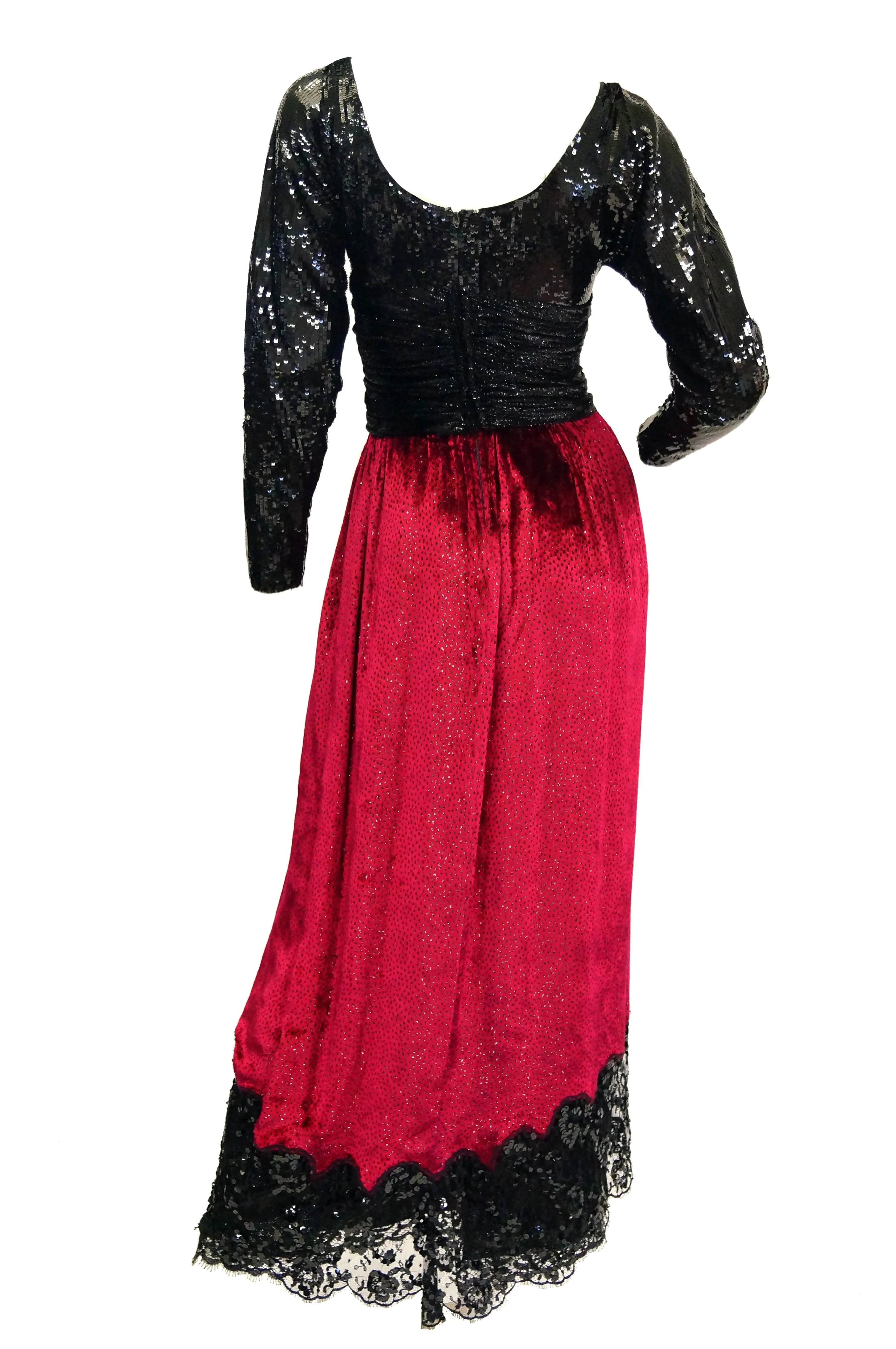 1980s Geoffrey Beene Black and Red Sequin, Lace, and Velvet Evening Dress