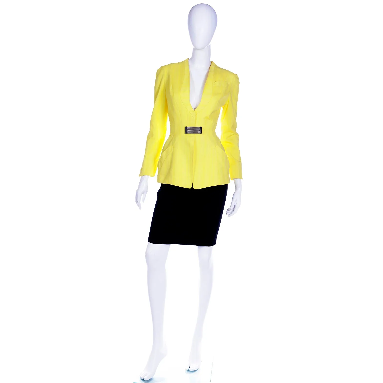 1990s Thierry Mugler Paris Vintage Yellow Jacket and Black Pencil Skirt Suit