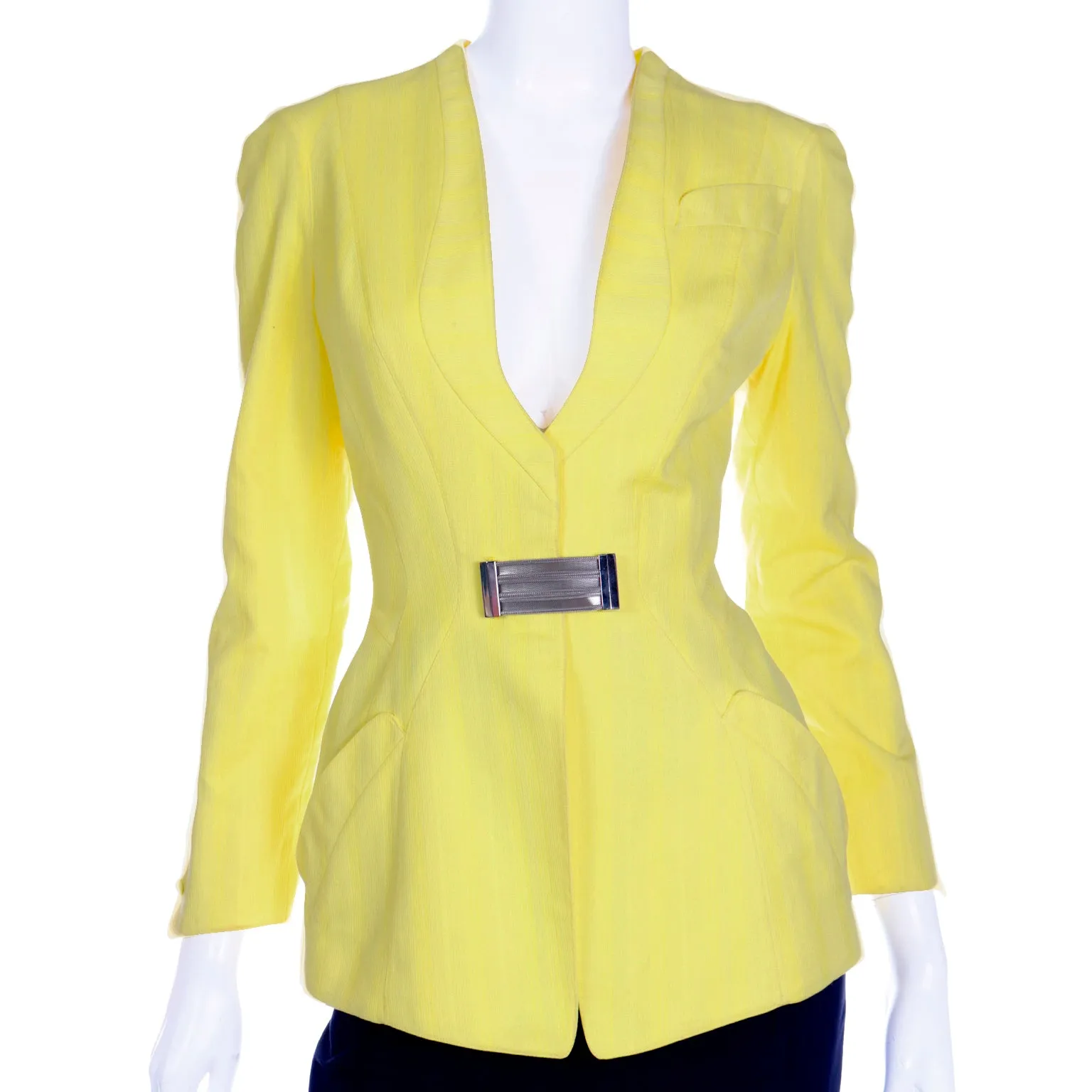1990s Thierry Mugler Paris Vintage Yellow Jacket and Black Pencil Skirt Suit