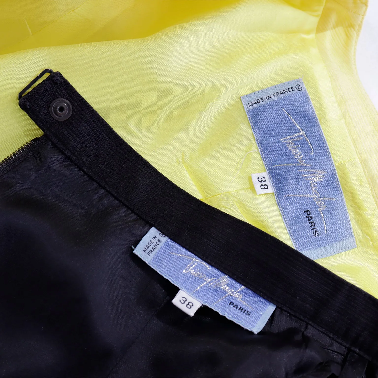 1990s Thierry Mugler Paris Vintage Yellow Jacket and Black Pencil Skirt Suit