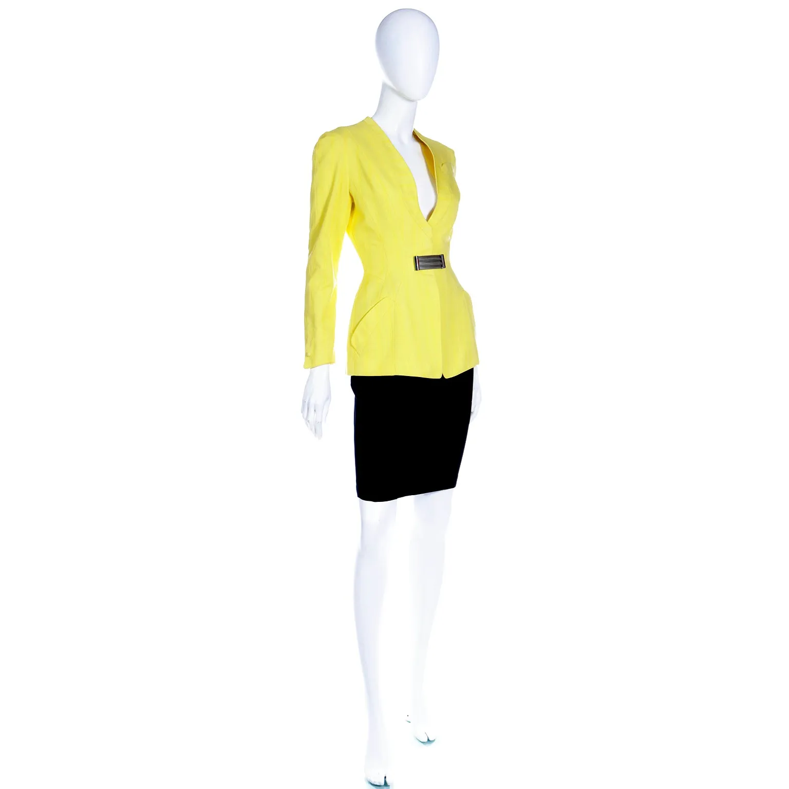 1990s Thierry Mugler Paris Vintage Yellow Jacket and Black Pencil Skirt Suit