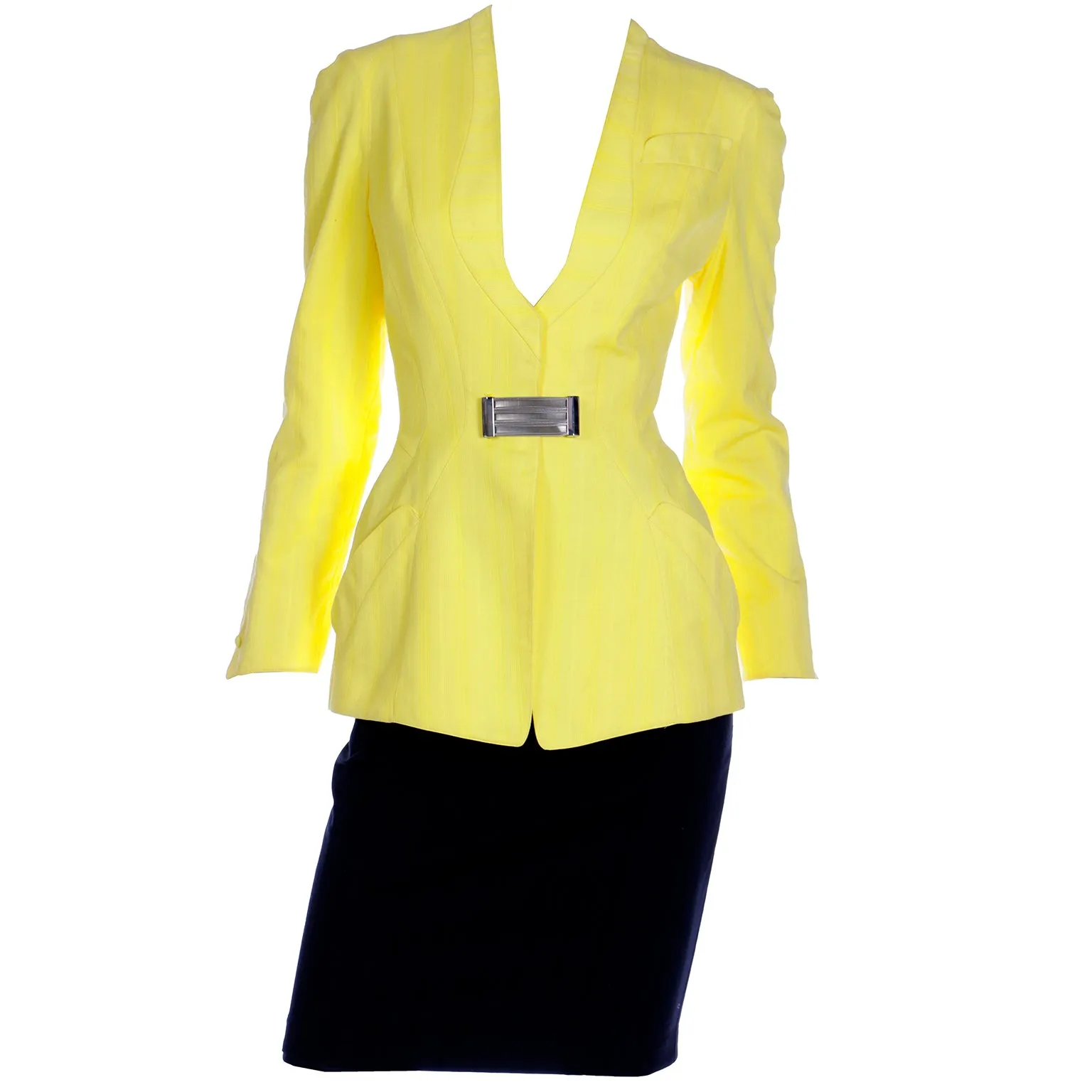 1990s Thierry Mugler Paris Vintage Yellow Jacket and Black Pencil Skirt Suit