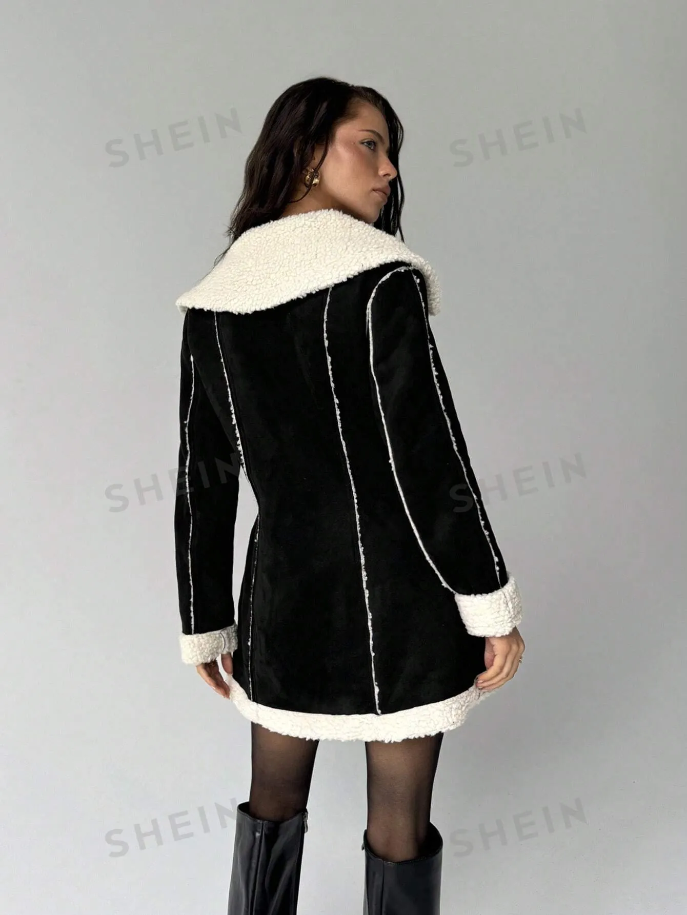 Aloruh Women's Winter Coats Are Fashionable And Elegant, Commuting, Business, Daily Casual, Street Style, Simple Color Matching, Warm Mid-Length Coats, Zipper Fly, Waisted Coats, Black And White Casual Two-Tone Sherpa Jacket, Autumn/Winter