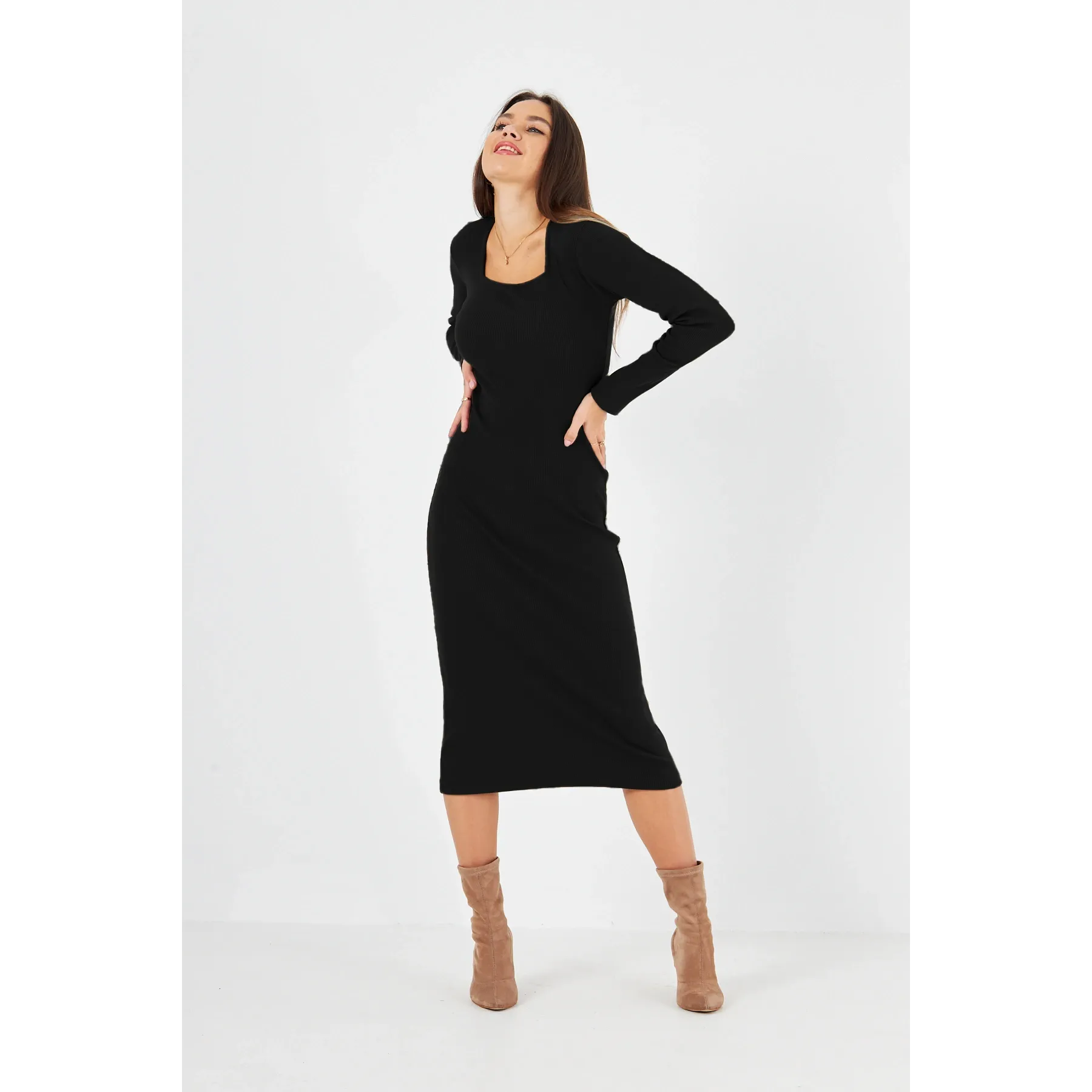 Black Square Neck Bodycon Dress