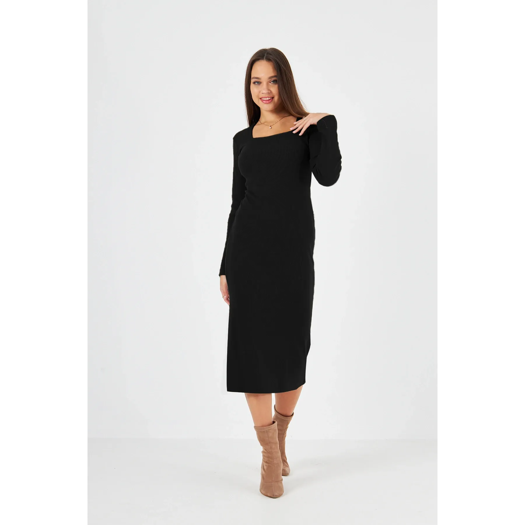 Black Square Neck Bodycon Dress