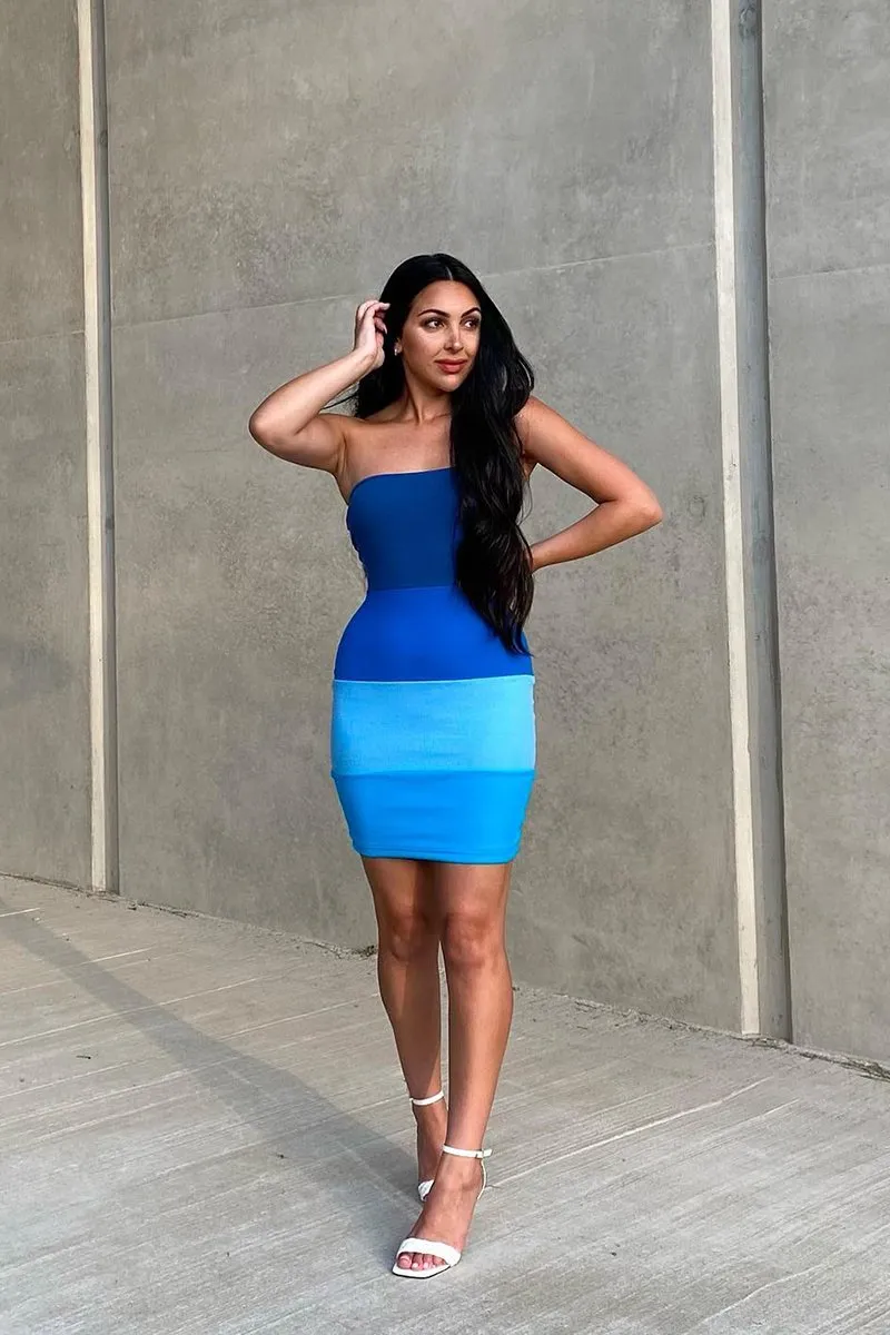 Blue Colour Block Bandeau Ribbed Mini Dress - Saddie