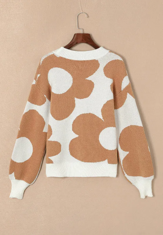 Contrast Flower Mock Neck Long Sleeve Sweater | Flower Sweater