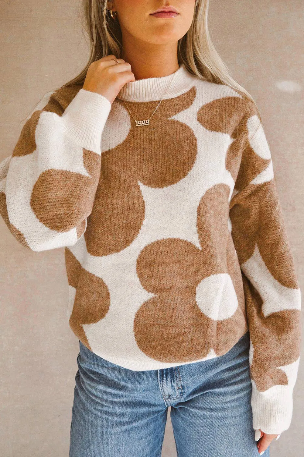 Contrast Flower Mock Neck Long Sleeve Sweater | Flower Sweater