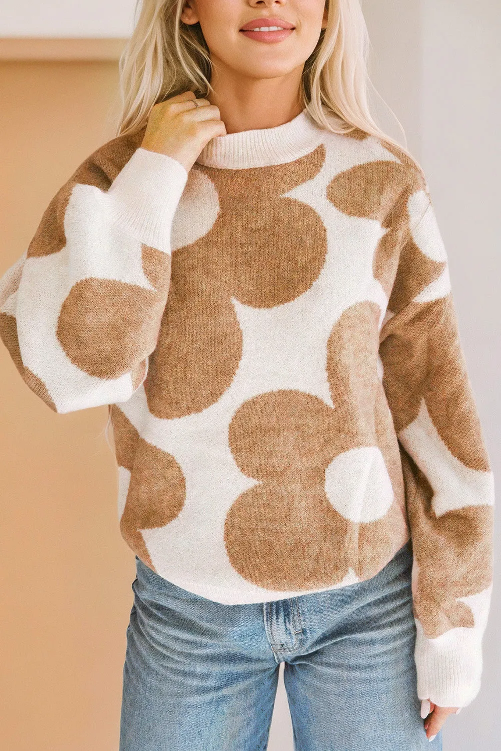 Contrast Flower Mock Neck Long Sleeve Sweater | Flower Sweater