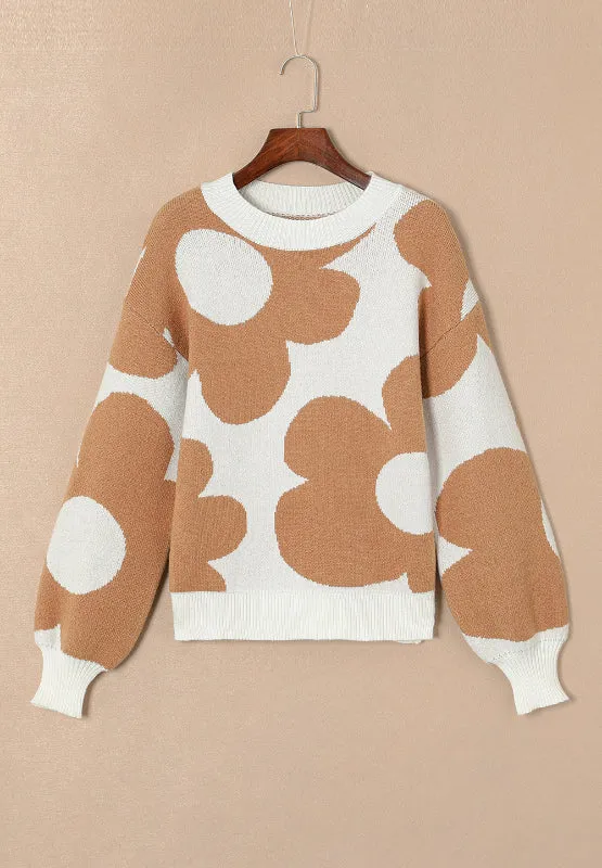 Contrast Flower Mock Neck Long Sleeve Sweater | Flower Sweater