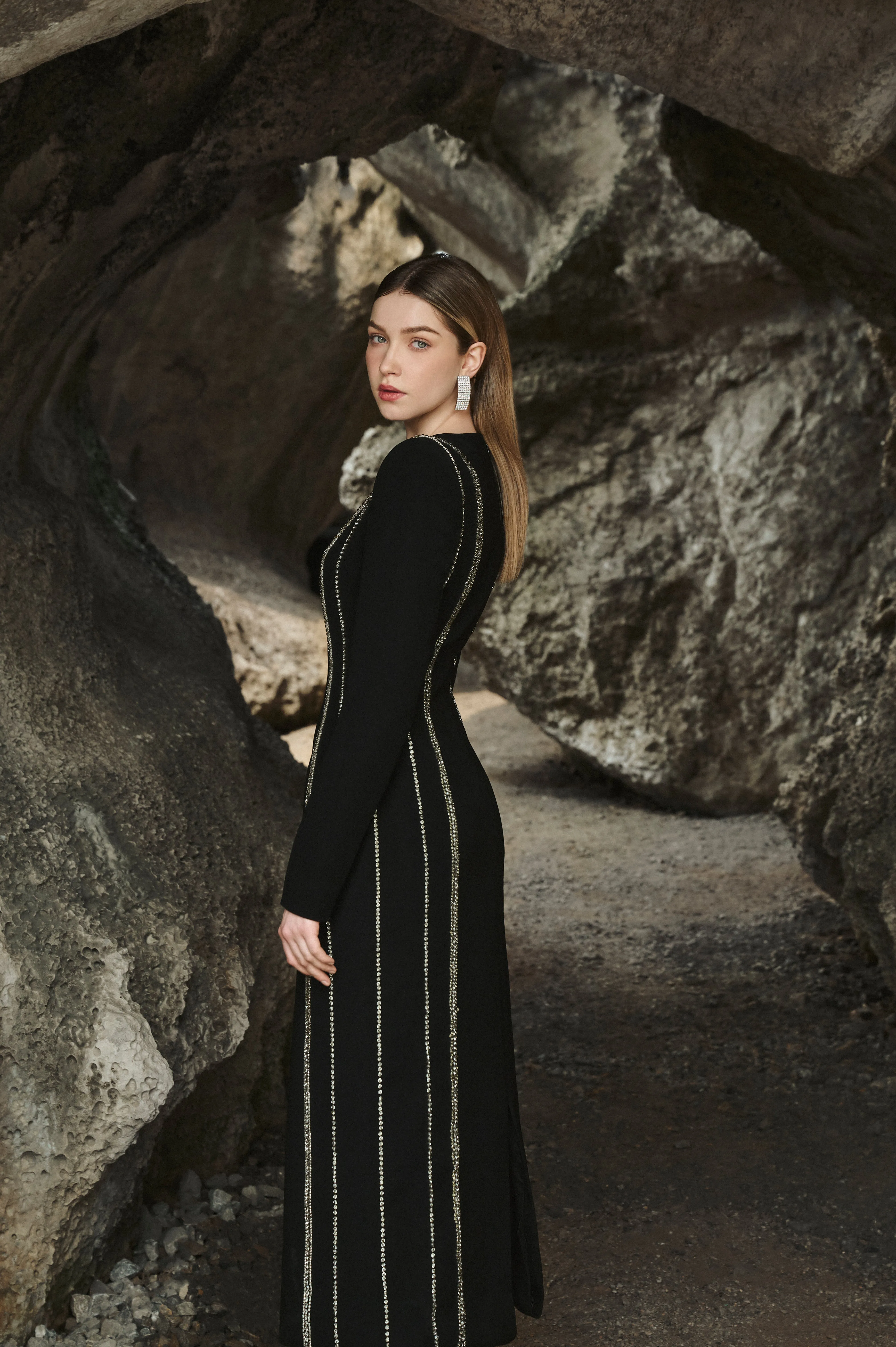 Crystal Embellished Long Sleeve Bodycon Midi Dress