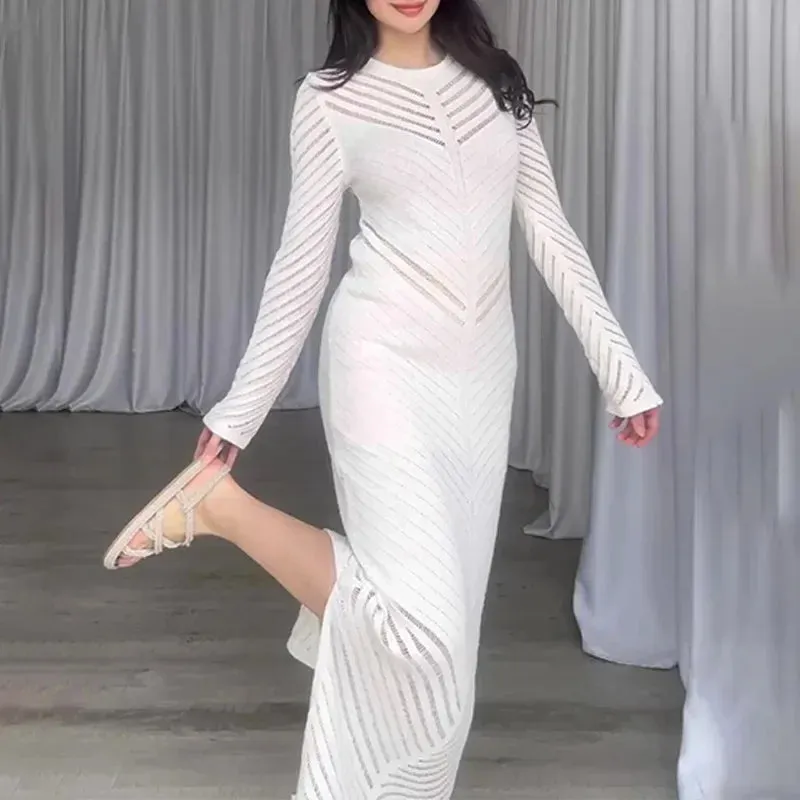 Flytonn-Women's Crew-Neck Knitted Hollow-Out Maxi Dress, High Waist, Hip Wrapped Skirt, Long, Spring, Summer, New Style, 2024