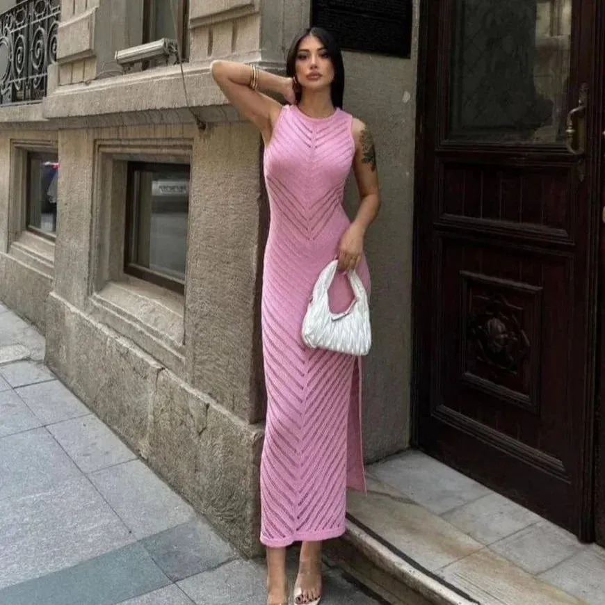 Flytonn-Women's Crew-Neck Knitted Hollow-Out Maxi Dress, High Waist, Hip Wrapped Skirt, Long, Spring, Summer, New Style, 2024