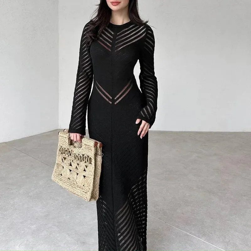 Flytonn-Women's Crew-Neck Knitted Hollow-Out Maxi Dress, High Waist, Hip Wrapped Skirt, Long, Spring, Summer, New Style, 2024