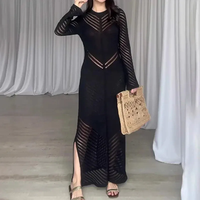 Flytonn-Women's Crew-Neck Knitted Hollow-Out Maxi Dress, High Waist, Hip Wrapped Skirt, Long, Spring, Summer, New Style, 2024