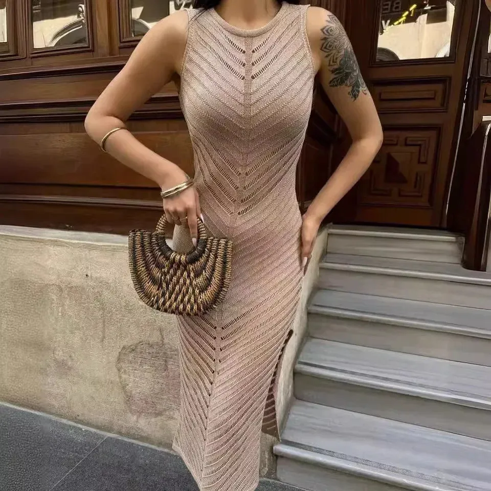 Flytonn-Women's Crew-Neck Knitted Hollow-Out Maxi Dress, High Waist, Hip Wrapped Skirt, Long, Spring, Summer, New Style, 2024