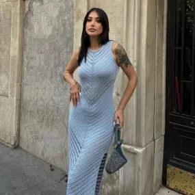 Flytonn-Women's Crew-Neck Knitted Hollow-Out Maxi Dress, High Waist, Hip Wrapped Skirt, Long, Spring, Summer, New Style, 2024