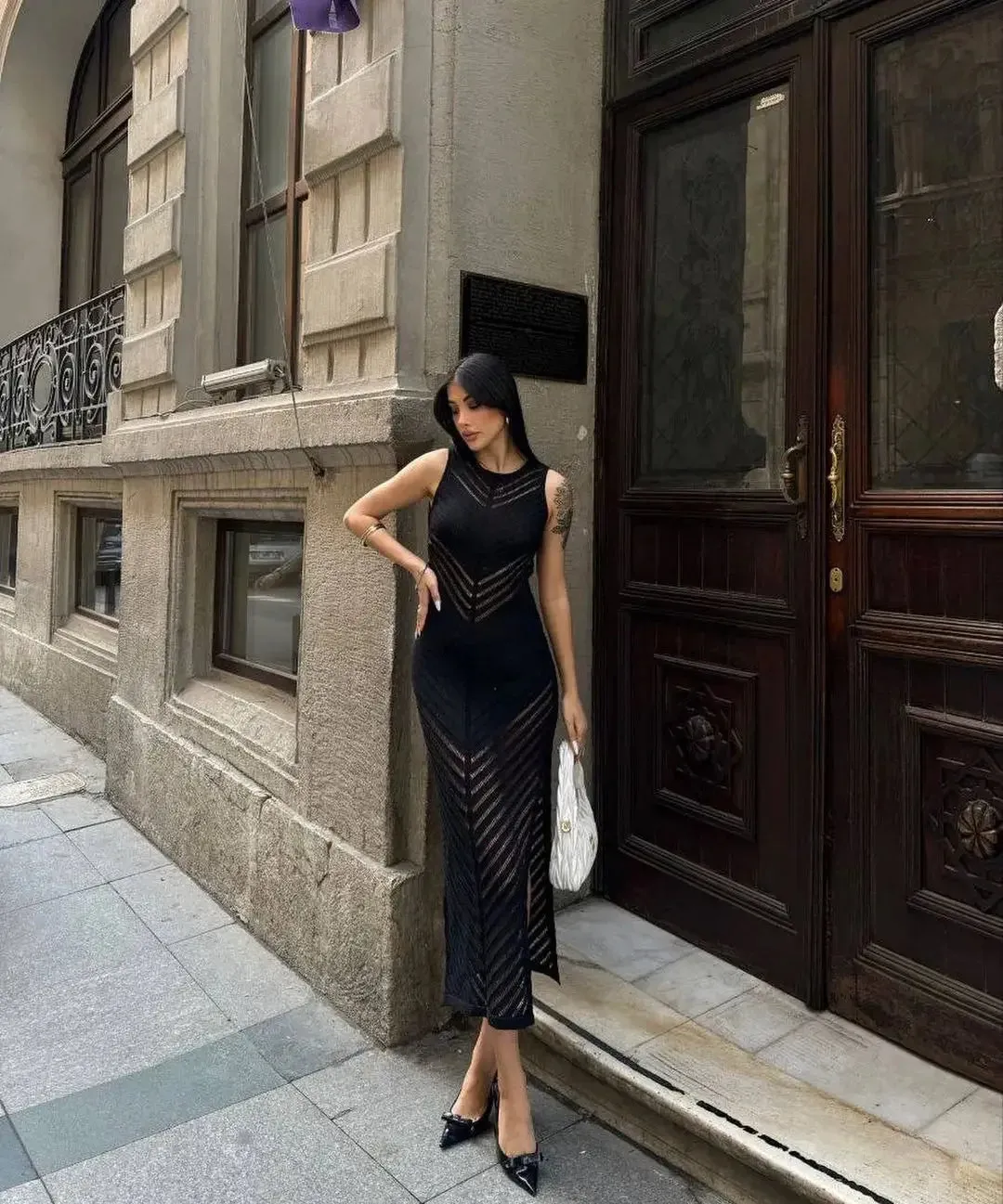 Flytonn-Women's Crew-Neck Knitted Hollow-Out Maxi Dress, High Waist, Hip Wrapped Skirt, Long, Spring, Summer, New Style, 2024