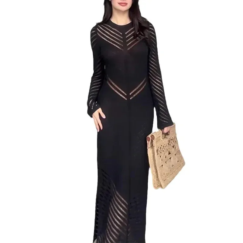 Flytonn-Women's Crew-Neck Knitted Hollow-Out Maxi Dress, High Waist, Hip Wrapped Skirt, Long, Spring, Summer, New Style, 2024