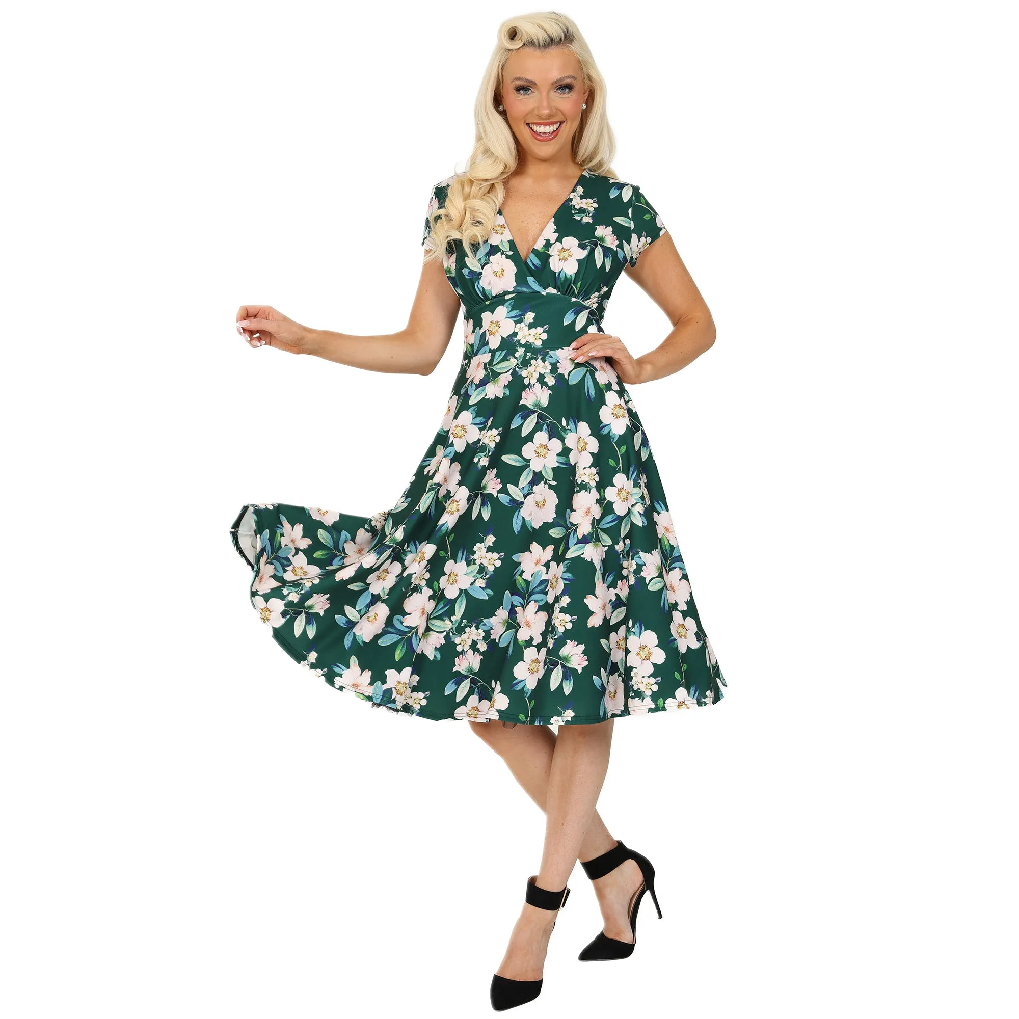 Forest Green Floral Vintage A Line Crossover Capped Sleeve Tea Swing Dress