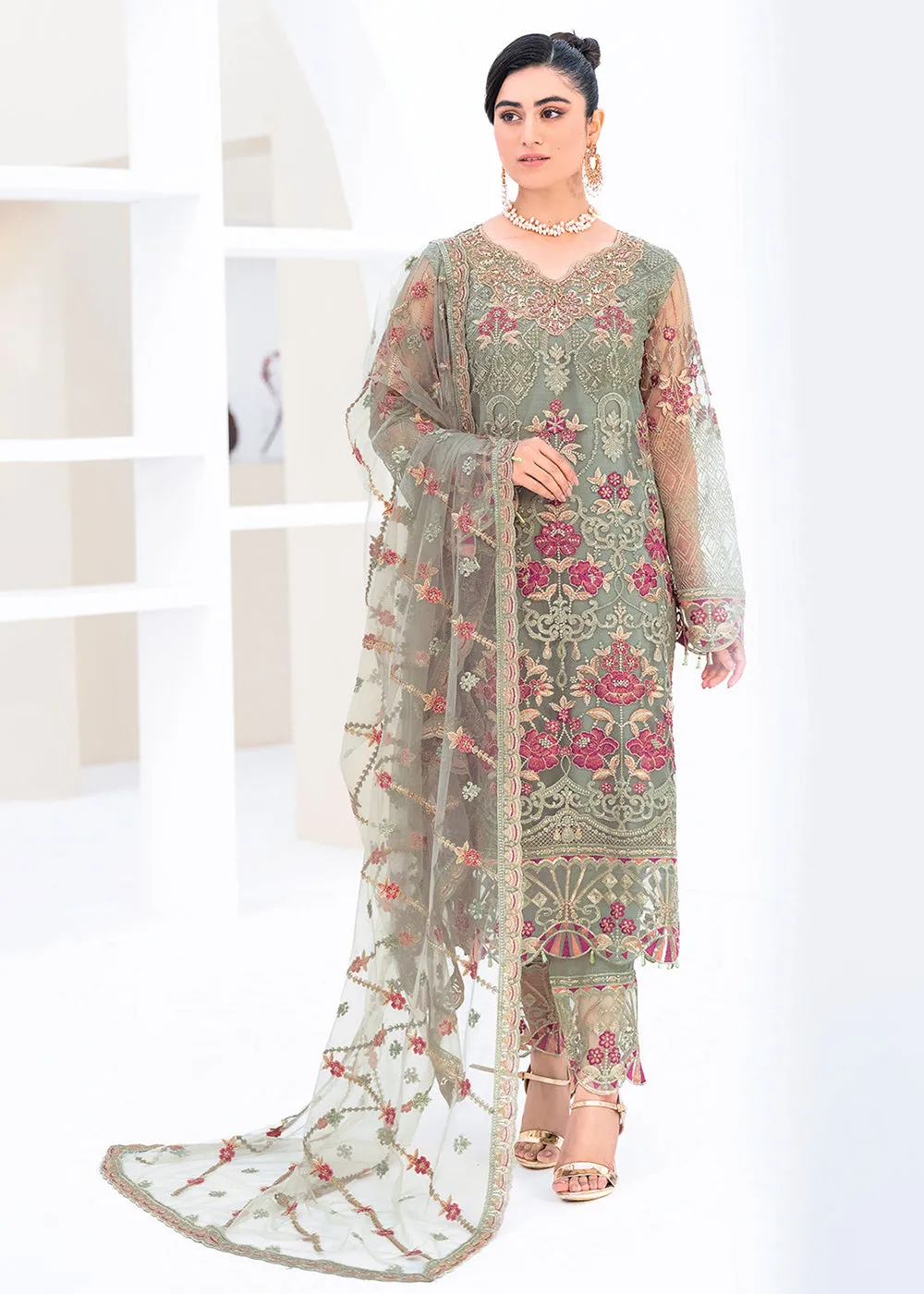 Green Net Embroidered Suit - Ramsha Minhal Collection Vol 8 - #M-802
