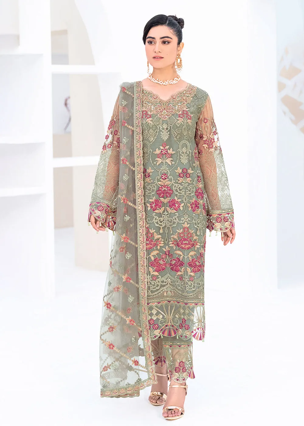 Green Net Embroidered Suit - Ramsha Minhal Collection Vol 8 - #M-802
