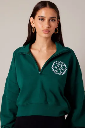 Green Zip Up Sweater Crop Long Sleeve High Neck