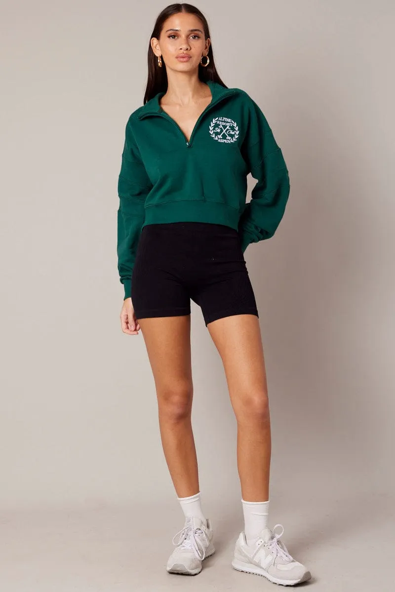 Green Zip Up Sweater Crop Long Sleeve High Neck