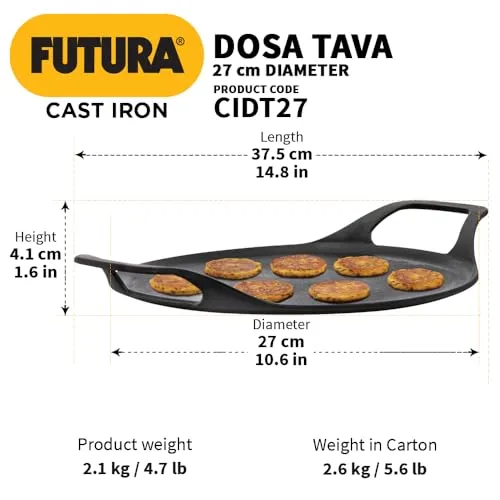 Hawkins Futura 27 cm Cast Iron Dosa Tava, Pre-Seasoned Cast Iron Flat Tawa for Roti, Cast Iron Cookware for Kitchen, Black (CIDT27)