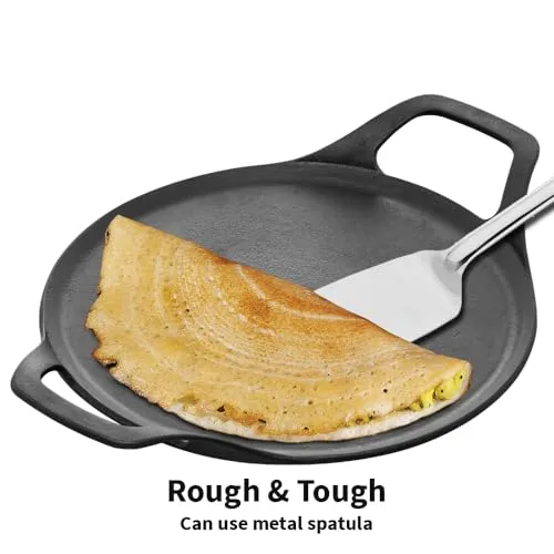 Hawkins Futura 27 cm Cast Iron Dosa Tava, Pre-Seasoned Cast Iron Flat Tawa for Roti, Cast Iron Cookware for Kitchen, Black (CIDT27)