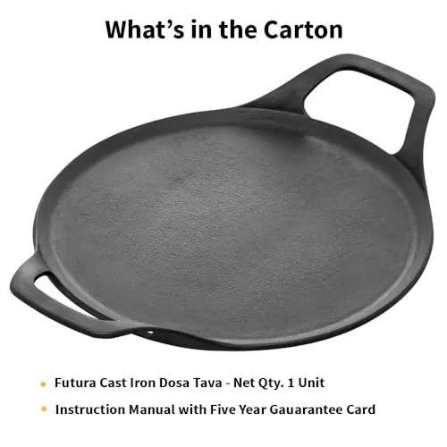 Hawkins Futura 27 cm Cast Iron Dosa Tava, Pre-Seasoned Cast Iron Flat Tawa for Roti, Cast Iron Cookware for Kitchen, Black (CIDT27)