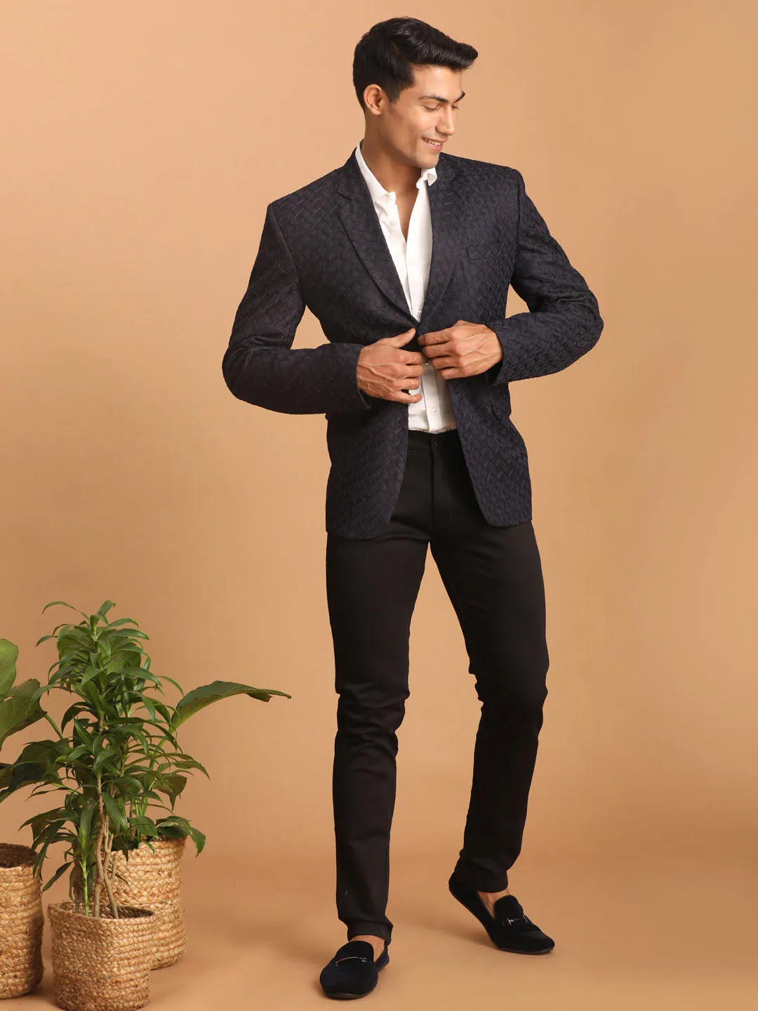 Jashvi Men's Navy Blue Silk Blend Self design Blazer
