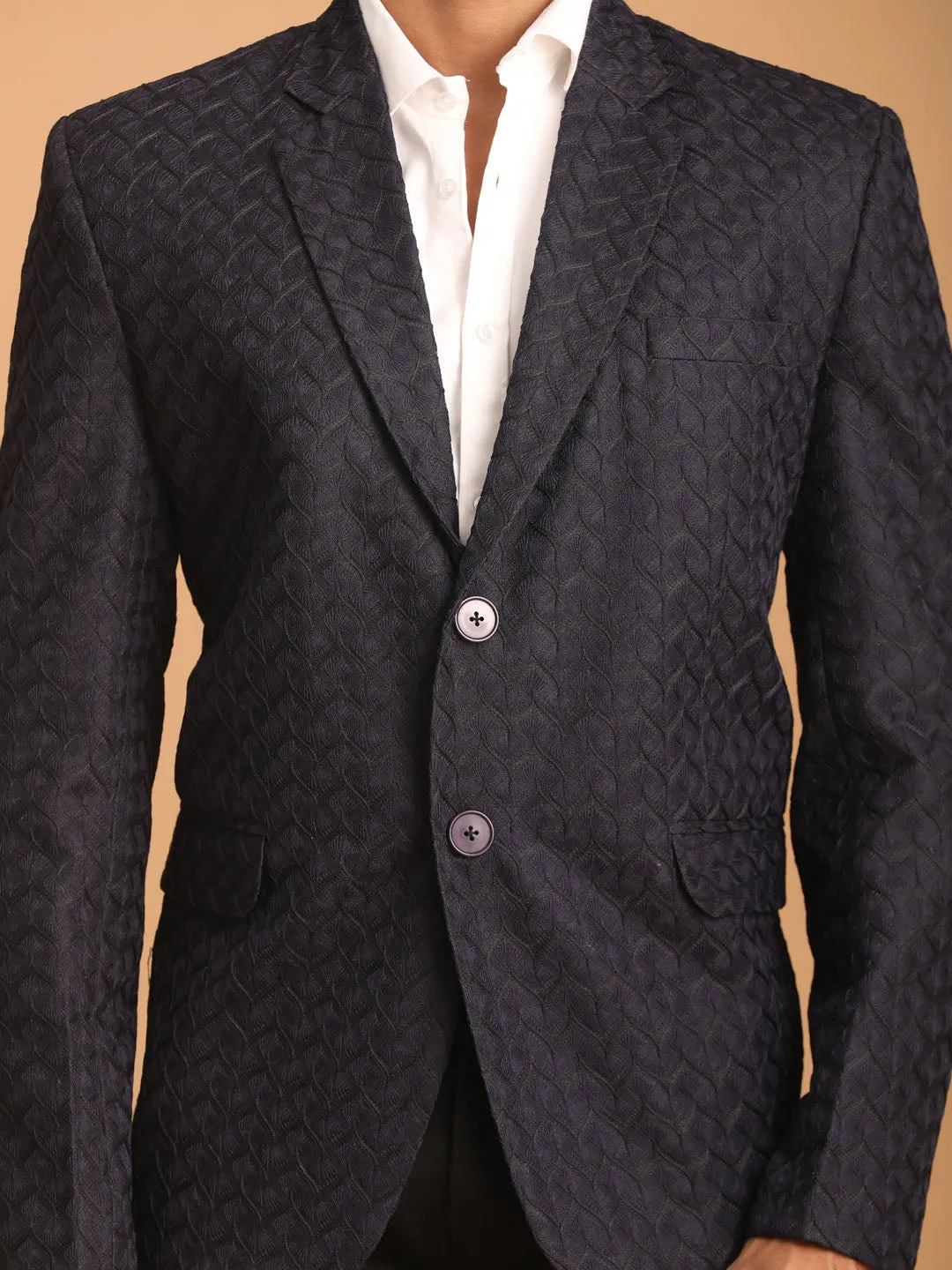 Jashvi Men's Navy Blue Silk Blend Self design Blazer