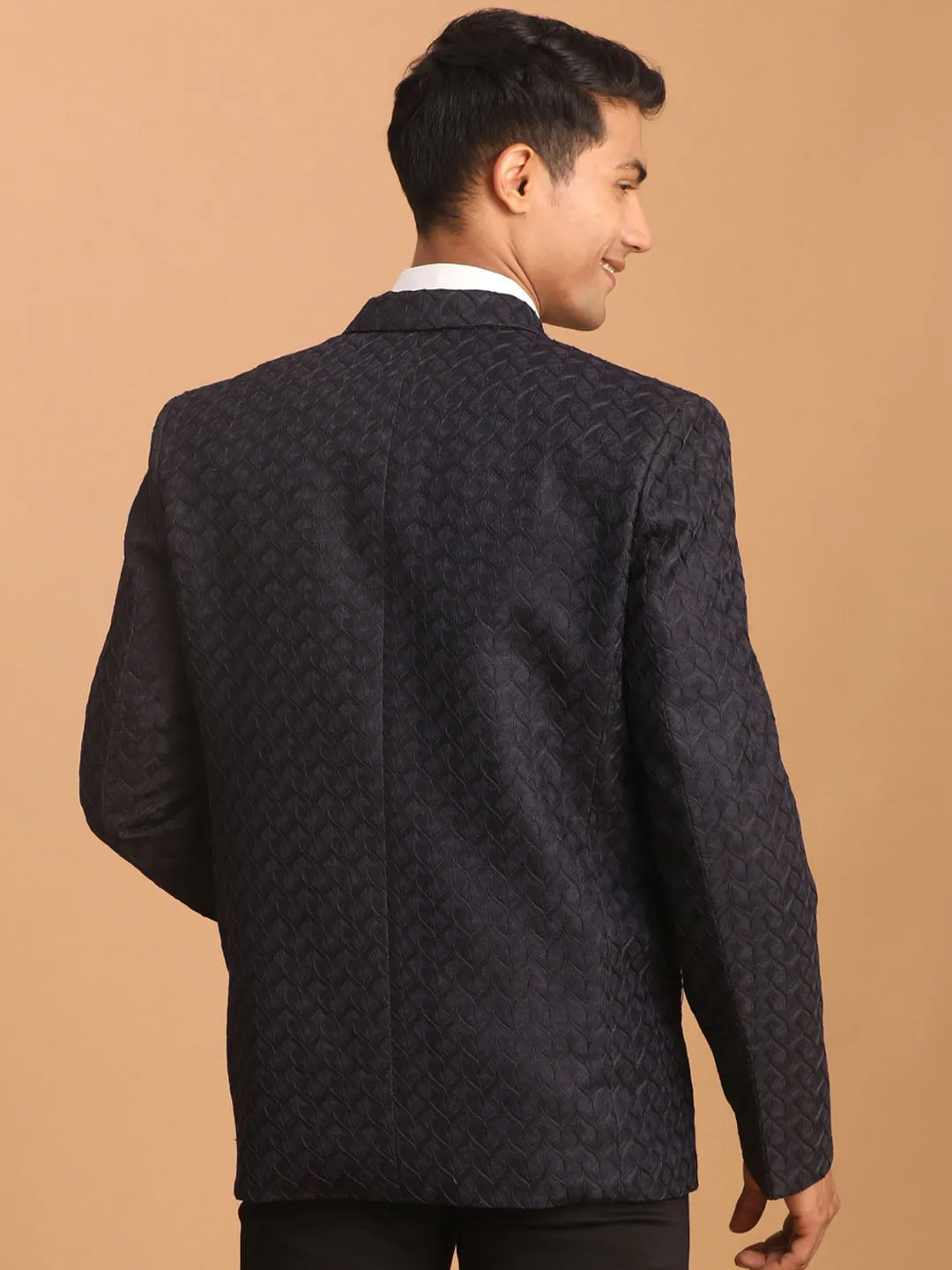 Jashvi Men's Navy Blue Silk Blend Self design Blazer