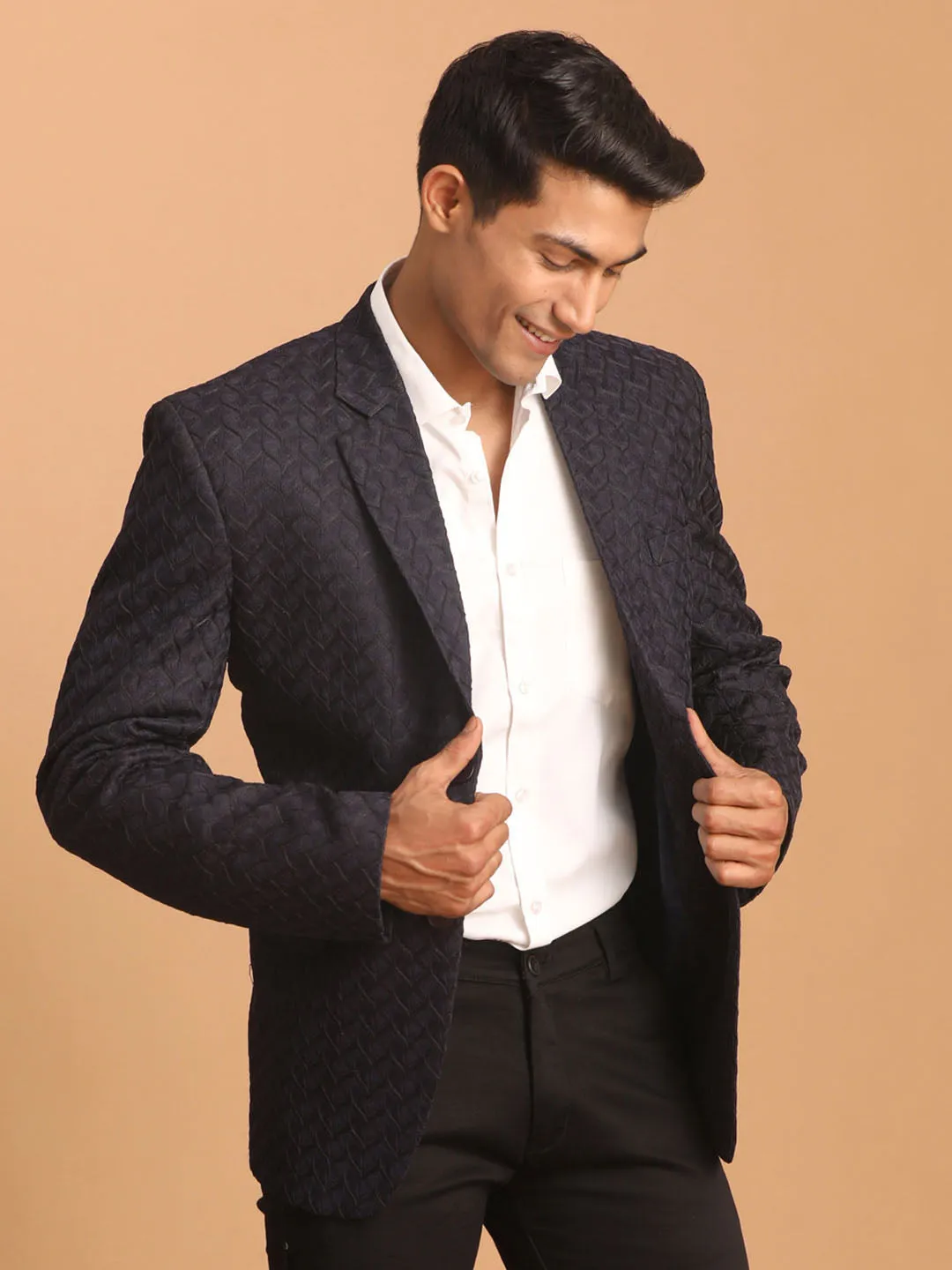 Jashvi Men's Navy Blue Silk Blend Self design Blazer