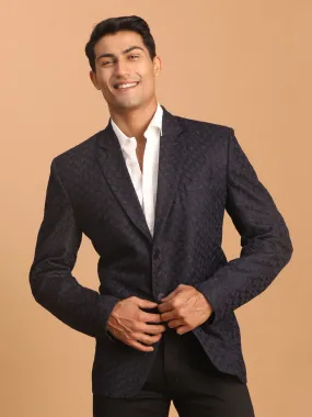 Jashvi Men's Navy Blue Silk Blend Self design Blazer