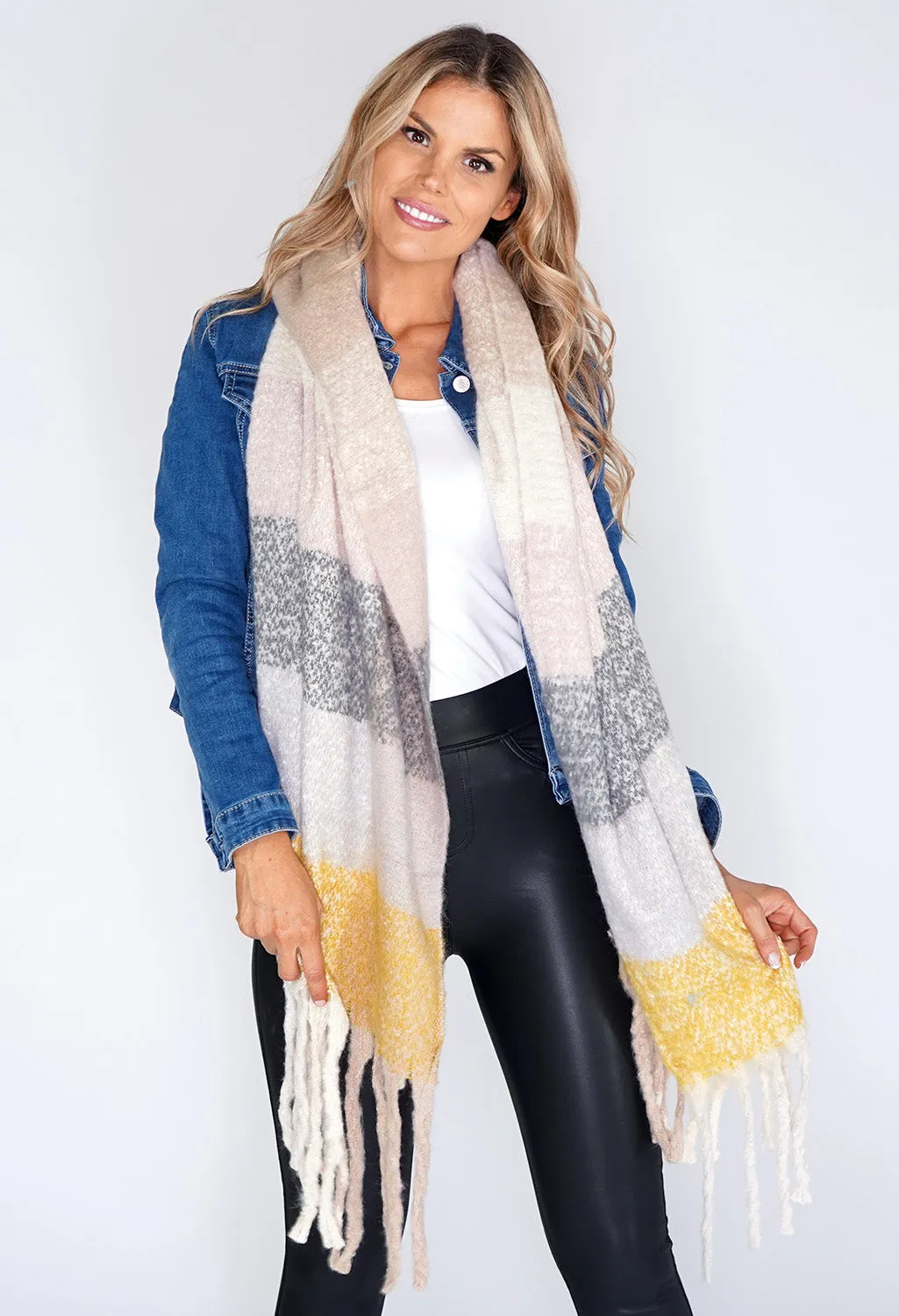 Large Yellow/Grey Panel Soft Woolly Scarf