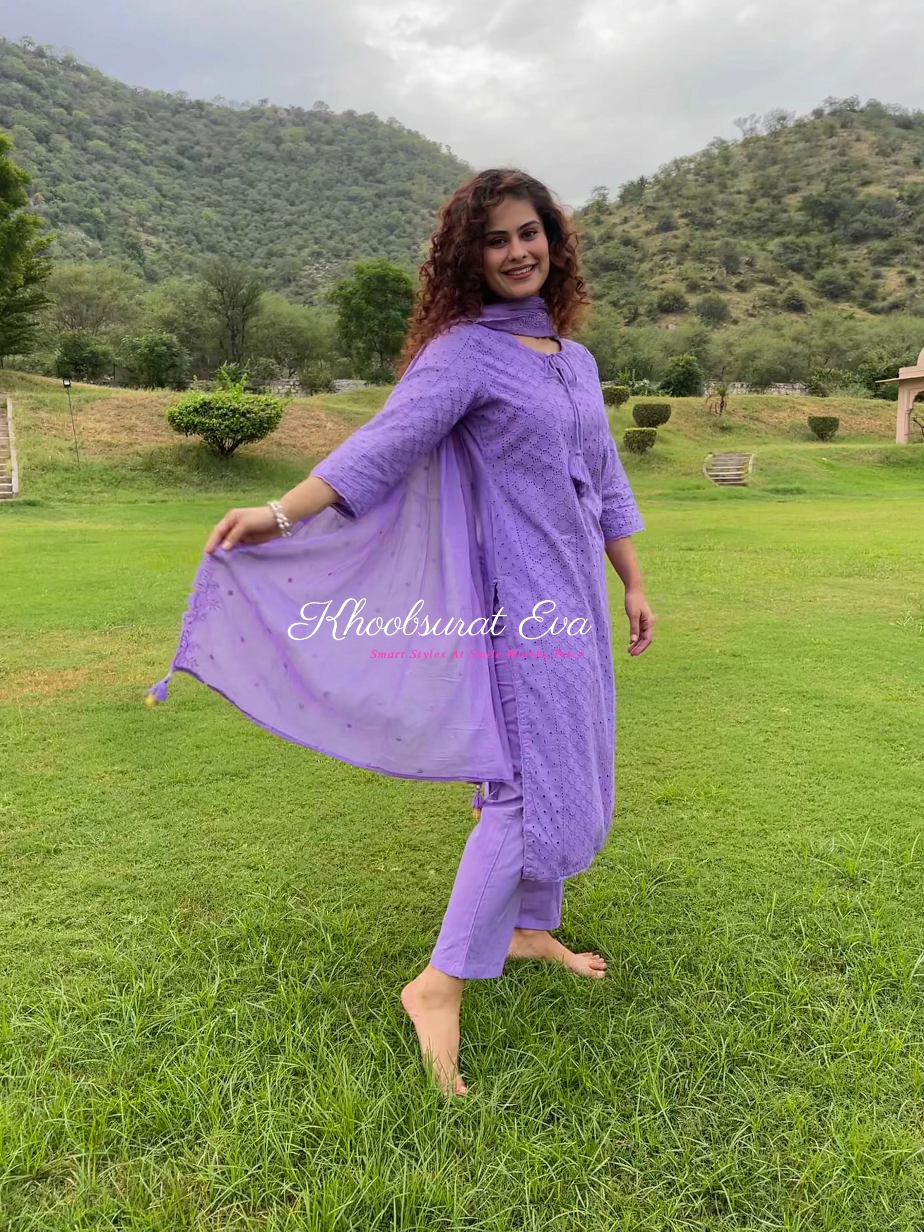 Lavender Chikankari Cotton Kurta Suit Set