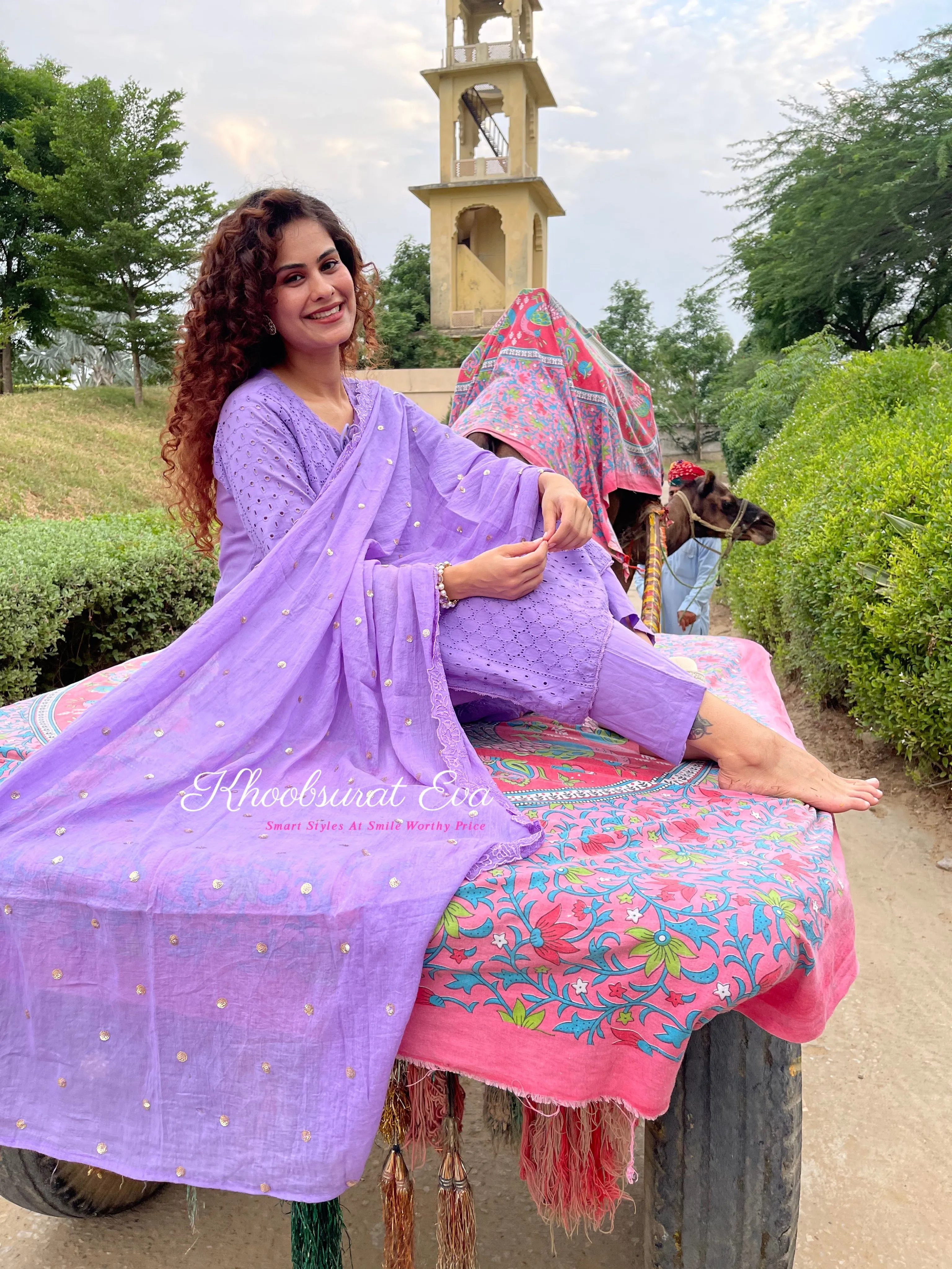 Lavender Chikankari Cotton Kurta Suit Set