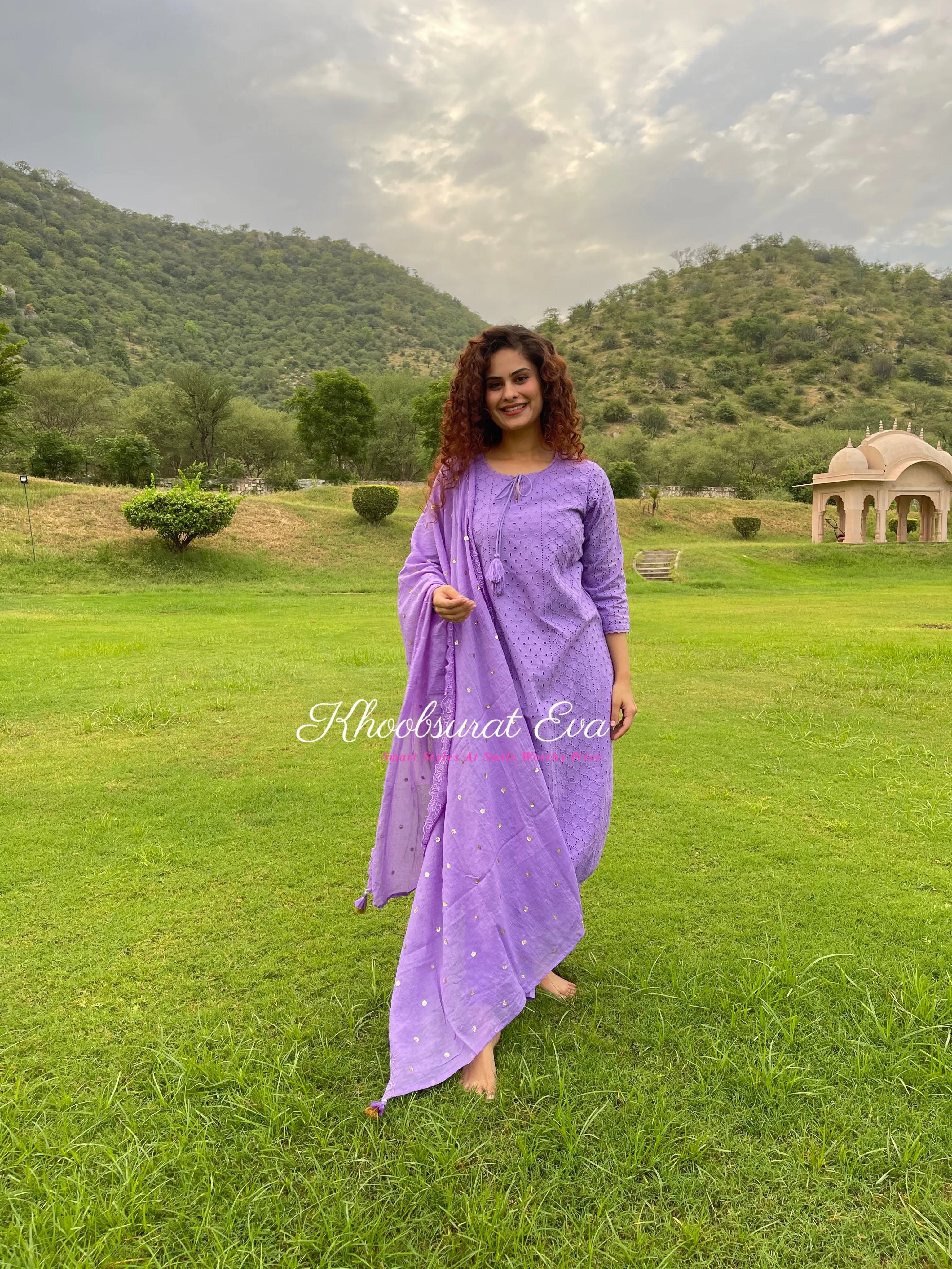 Lavender Chikankari Cotton Kurta Suit Set