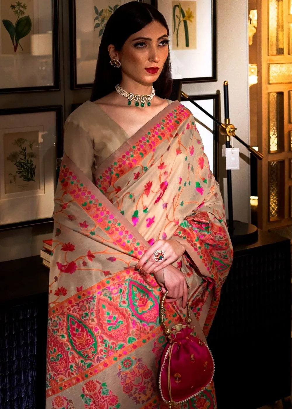 Linen Beige Banarasi Jamawar Woven Silk Saree : Top Pick