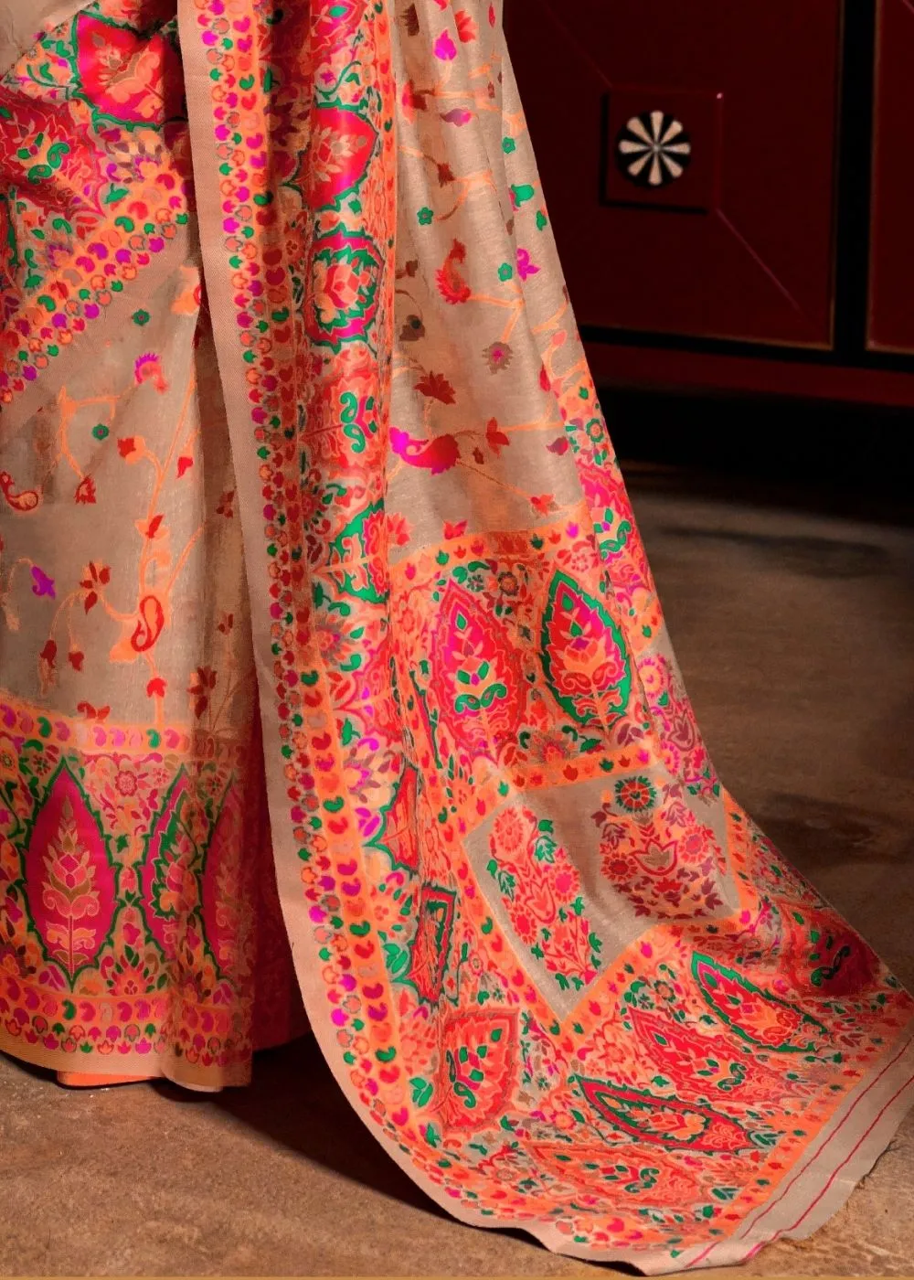 Linen Beige Banarasi Jamawar Woven Silk Saree : Top Pick
