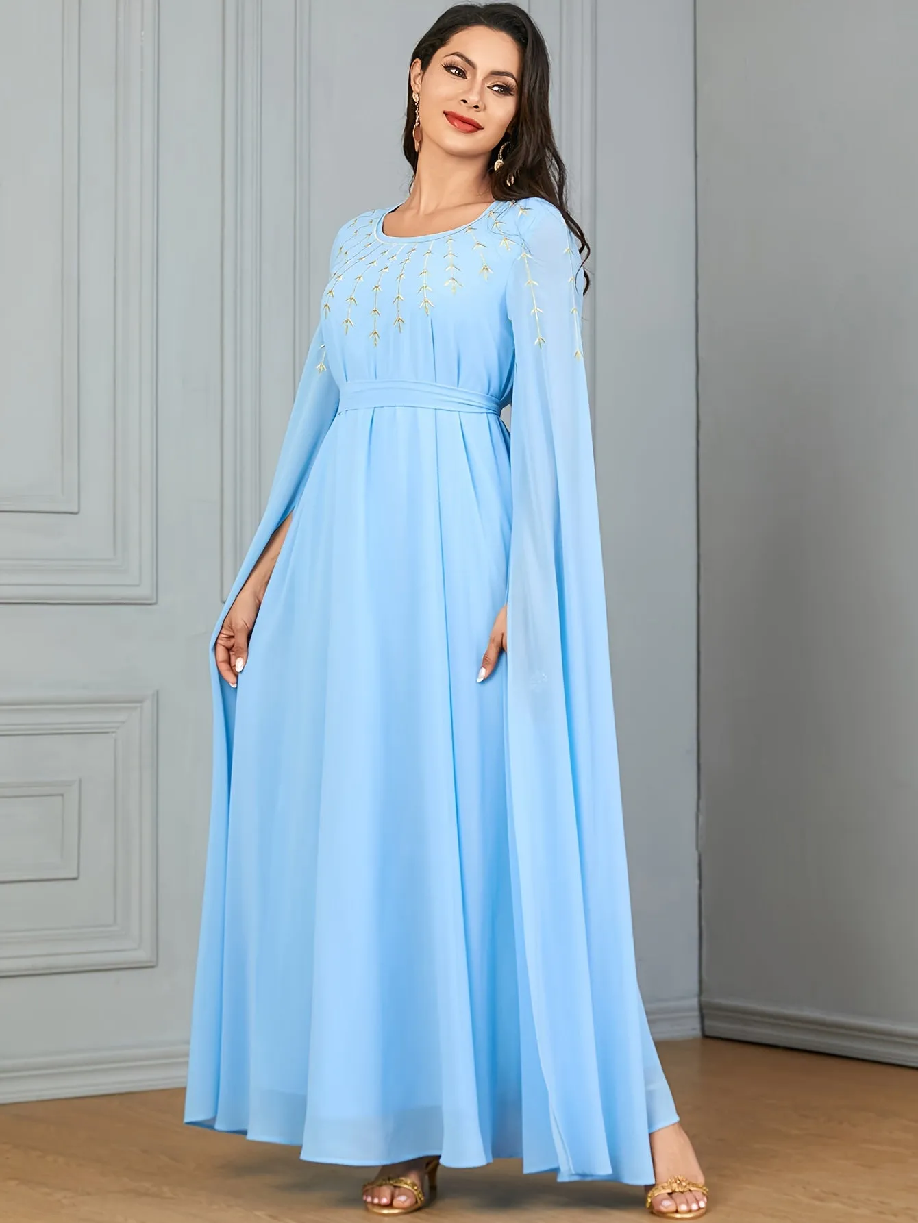 Long Sleeve Embroidered Maxi Kaftan Dress - Elegant Crew Neck, Cinched Waist, Polyester Fabric, Non-Stretch, Solid Color, Woven, Middle East Style - Perfect for All Seasons, Womens Clothing