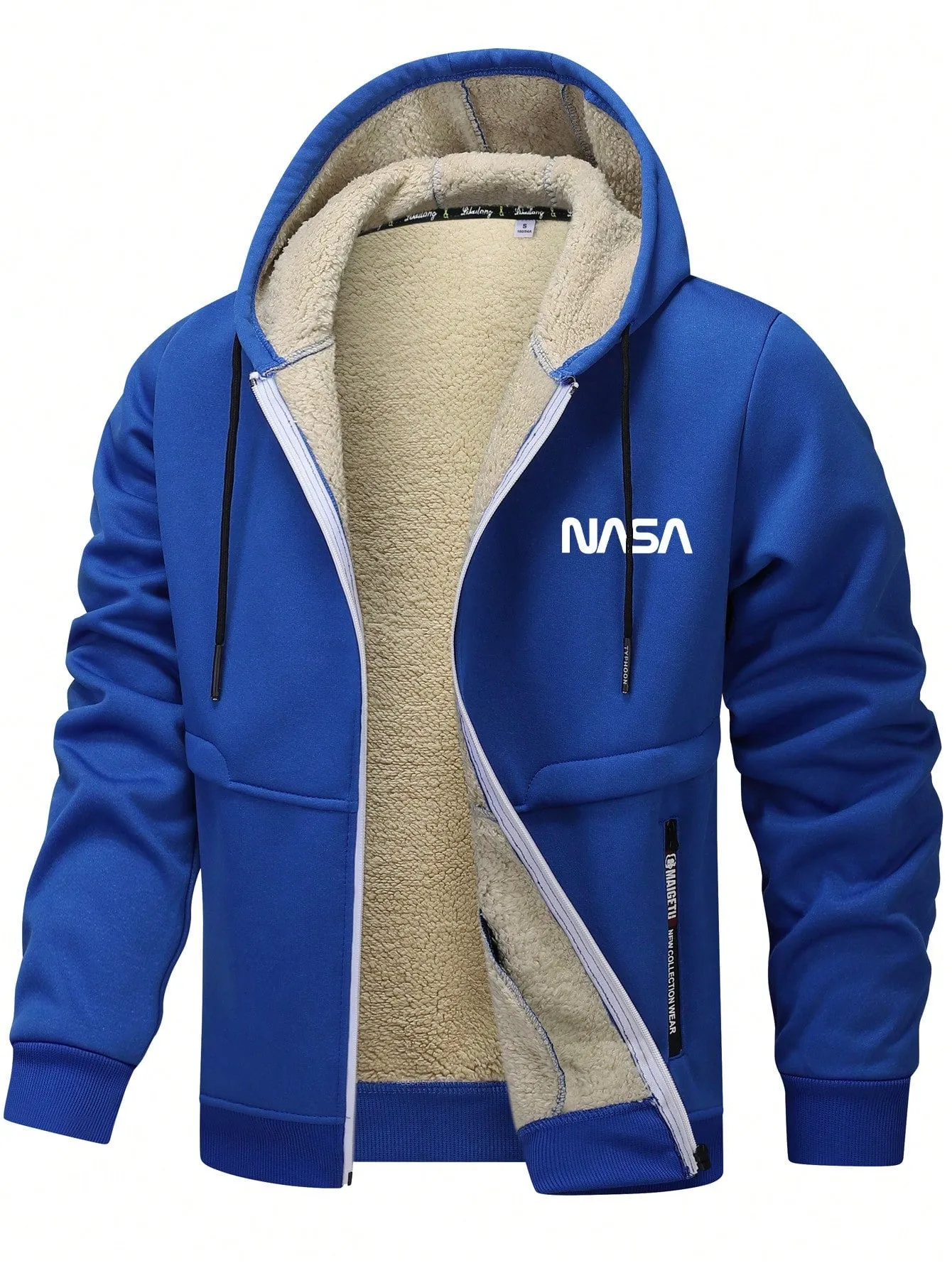 Men's Casual Sherpa Lined Letter Print Drawstring Hooded Jacket, Autumn/Winter