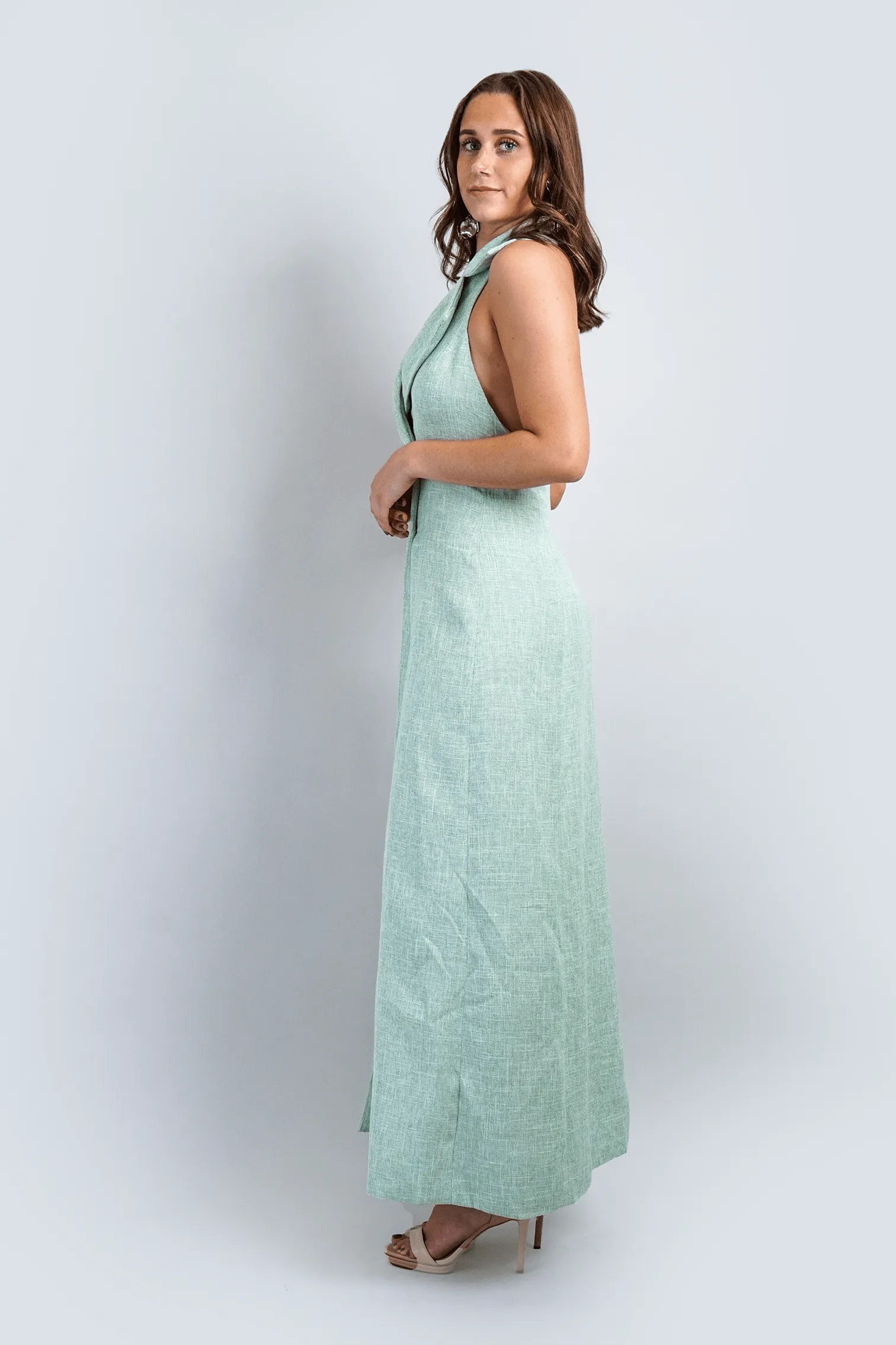 Mint Green Tweed Tuxedo Halter Vest Gown