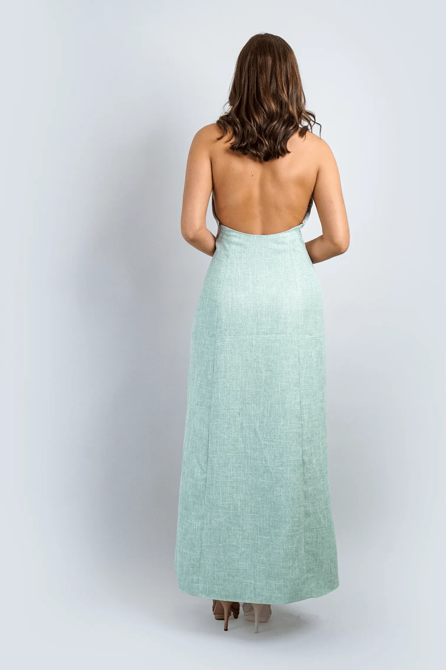 Mint Green Tweed Tuxedo Halter Vest Gown